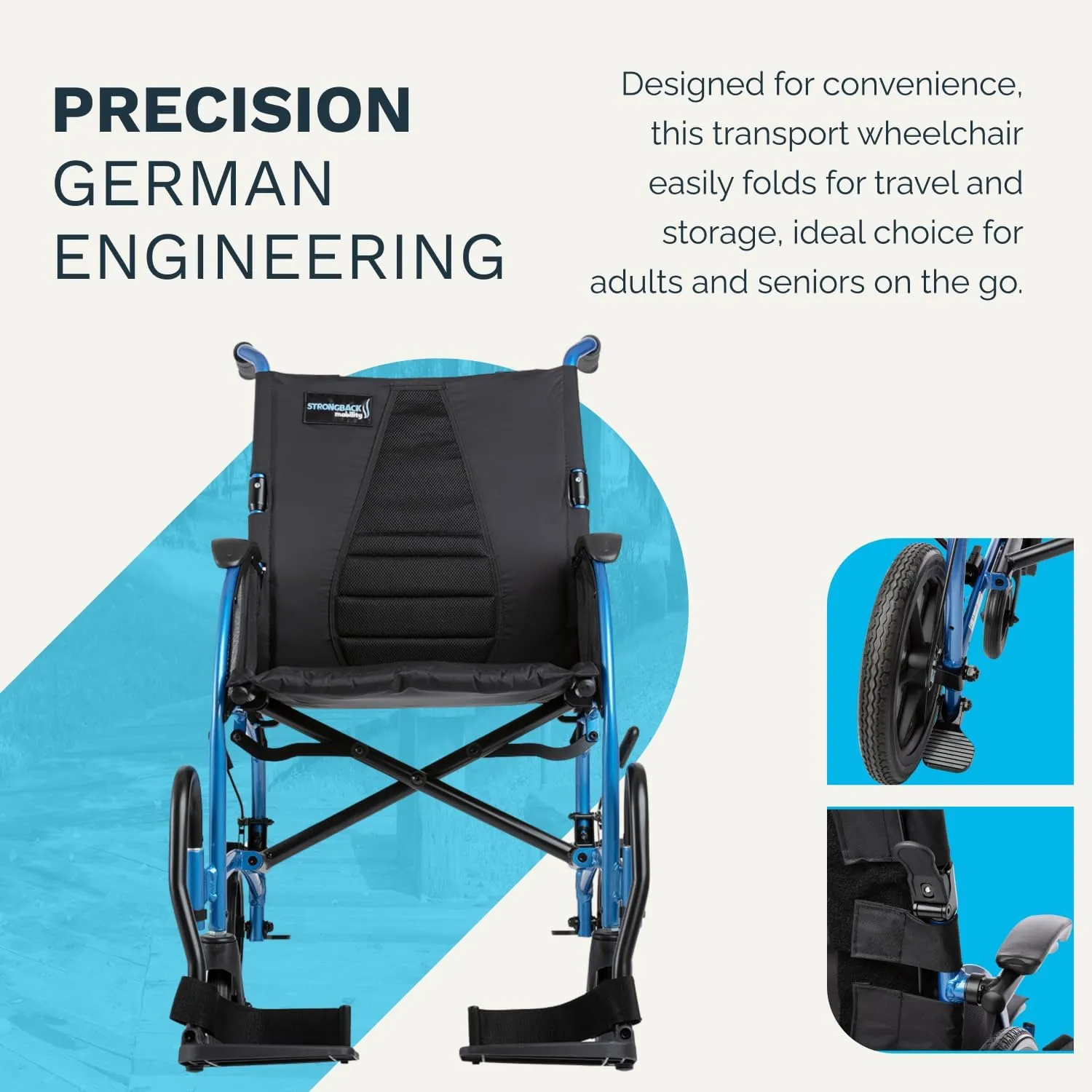 Excursion 8 Lightweight Portable Wheelchair for Adults and Seniors – Ergonomic Lumbar Support, Adjustable Footrests, Supports 300 lbs; 18" Seat (8" Rear Wheels)
