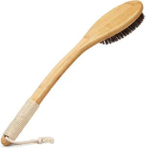 Exfoliating Back Scrubber for Shower with Curved Long Handle, 16.7 Inches Bamboo Body Brush with Natural Bristles for Wet or Dry Brushing, Body Exfoliator Back Washer Bath Tool for Men & Women