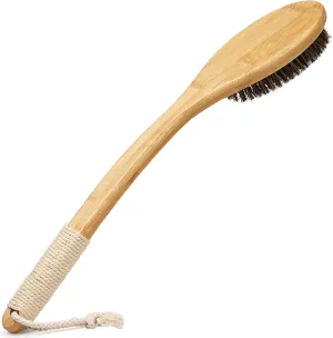 Exfoliating Back Scrubber for Shower with Curved Long Handle, 16.7 Inches Bamboo Body Brush with Natural Bristles for Wet or Dry Brushing, Body Exfoliator Back Washer Bath Tool for Men & Women