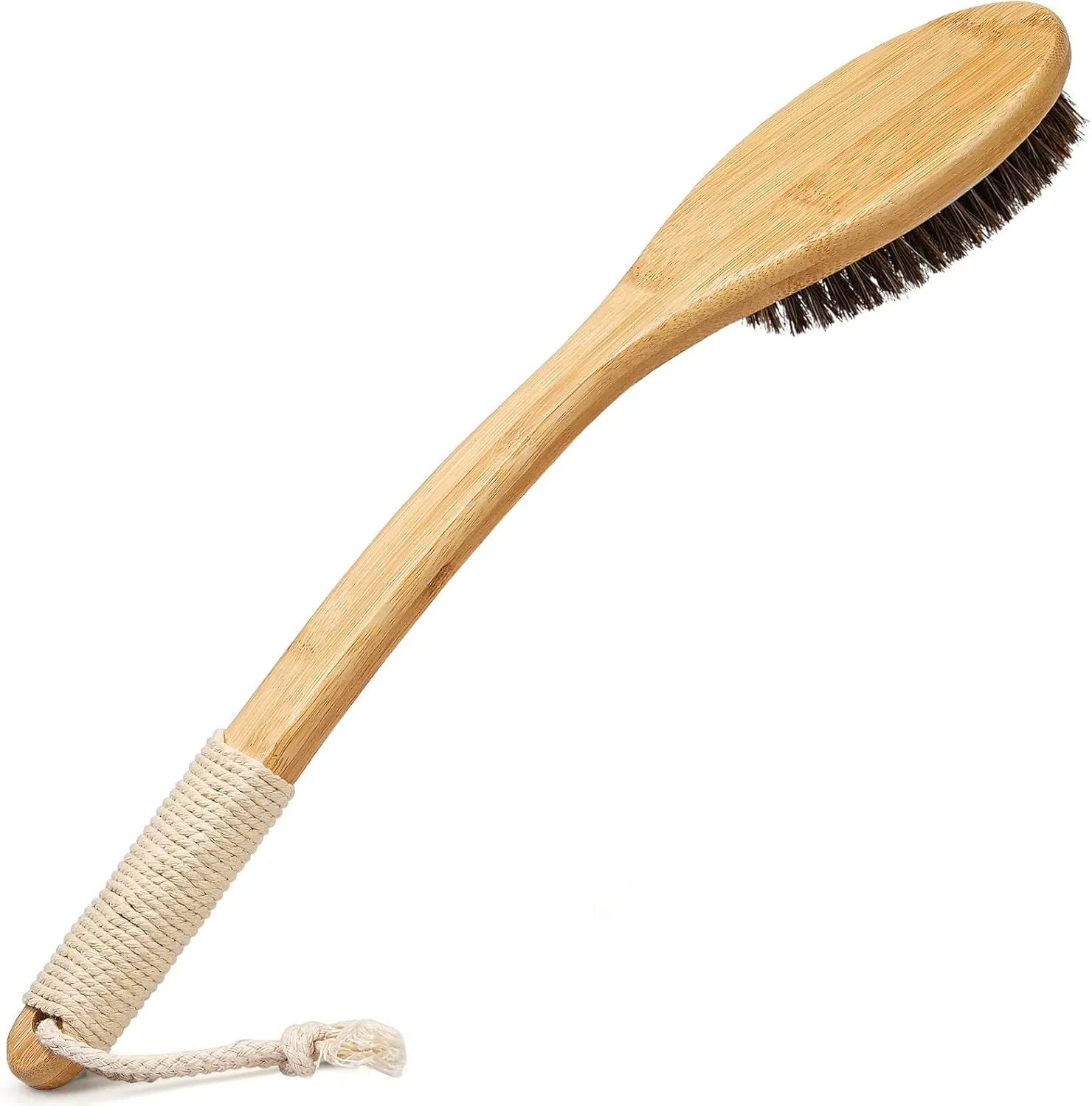 Exfoliating Back Scrubber for Shower with Curved Long Handle, 16.7 Inches Bamboo Body Brush with Natural Bristles for Wet or Dry Brushing, Body Exfoliator Back Washer Bath Tool for Men & Women