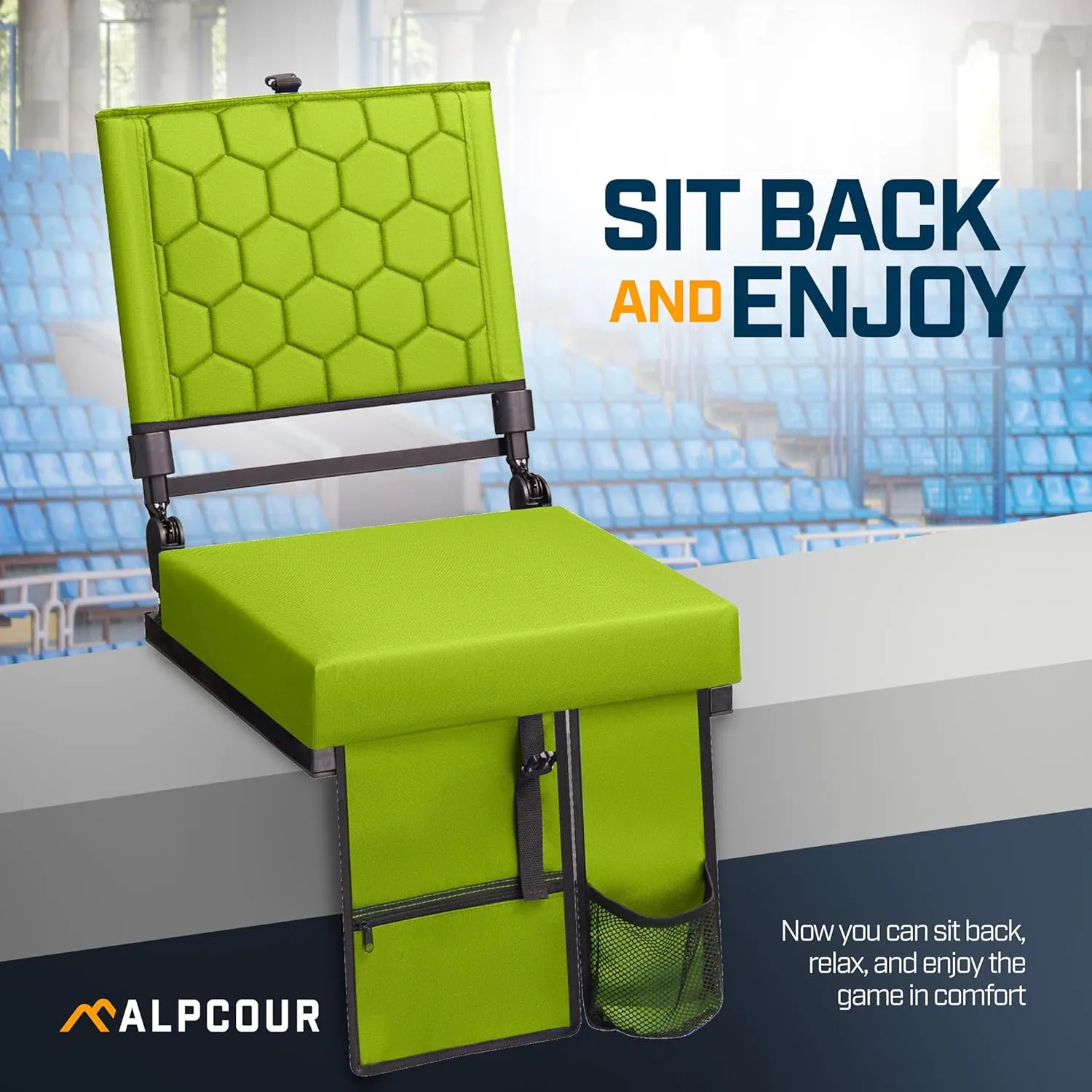 Extra Wide Folding Reclining Stadium Seat with Back Suppot for Bleachers, Bleacher Hooks, Thick Cushion, Cup Holder, Storage Pockets – Portable Chair for Kayak, Canoe, Paddle Board, Concerts, & Sports
