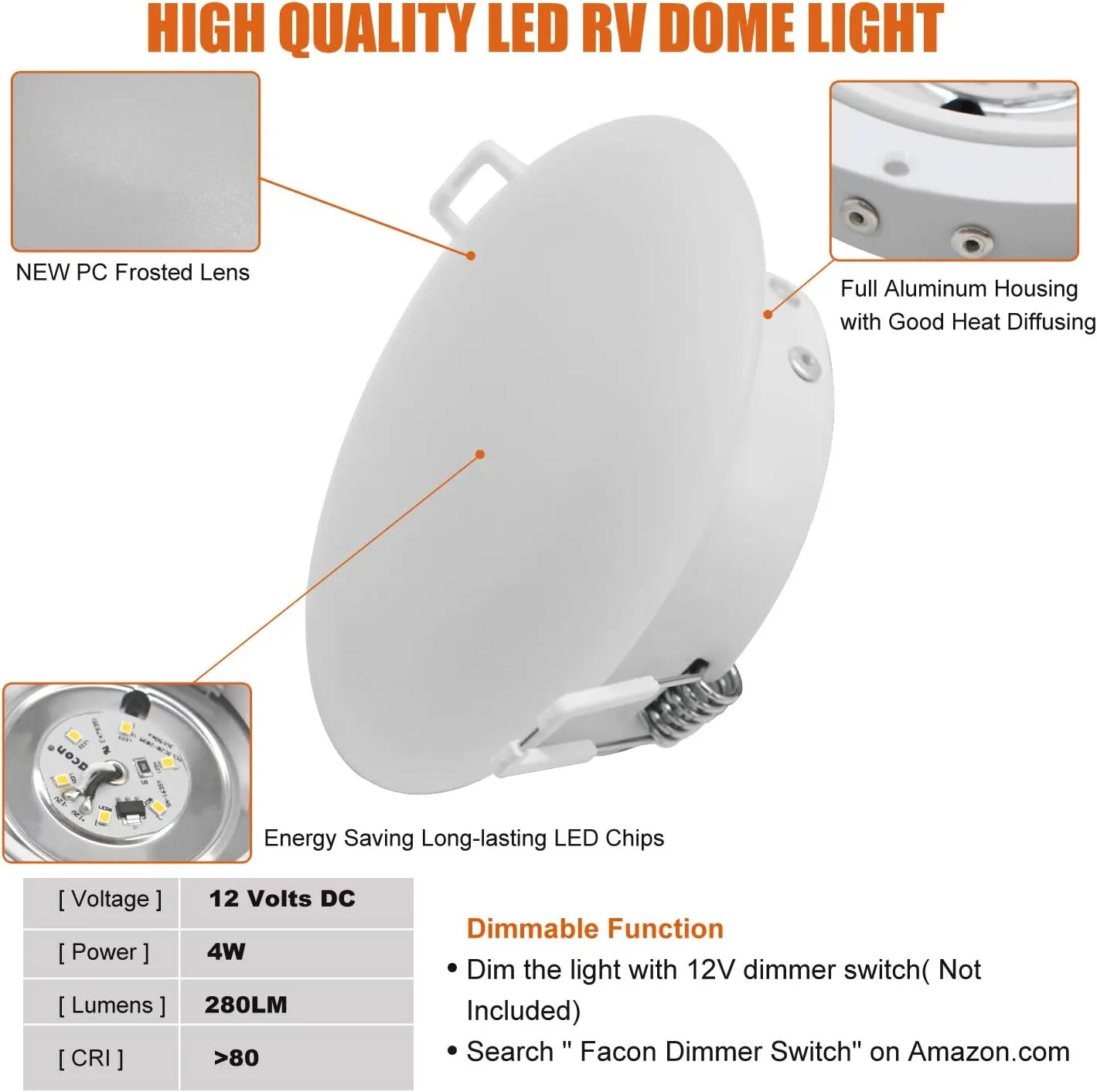 Facon 4.5Inch LED RV Puck Light, DLFST4-008, Full Aluminum Recessed LED Ceiling Lights, 12V Interior Light for RV Motor-Homes Camper Caravan Trailer Boat (Pack of 6)
