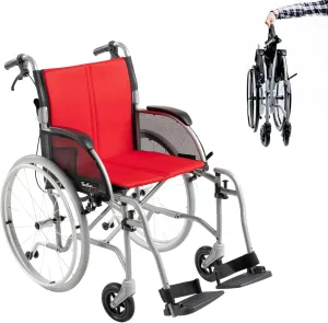 Feather Mobility - Red Cushion 13.5lb Silver Frame Lightweight Folding Wheelchair - Seat Width 18" with Swingaway Legrests, Anti-tippers, and Quick Release Wheels