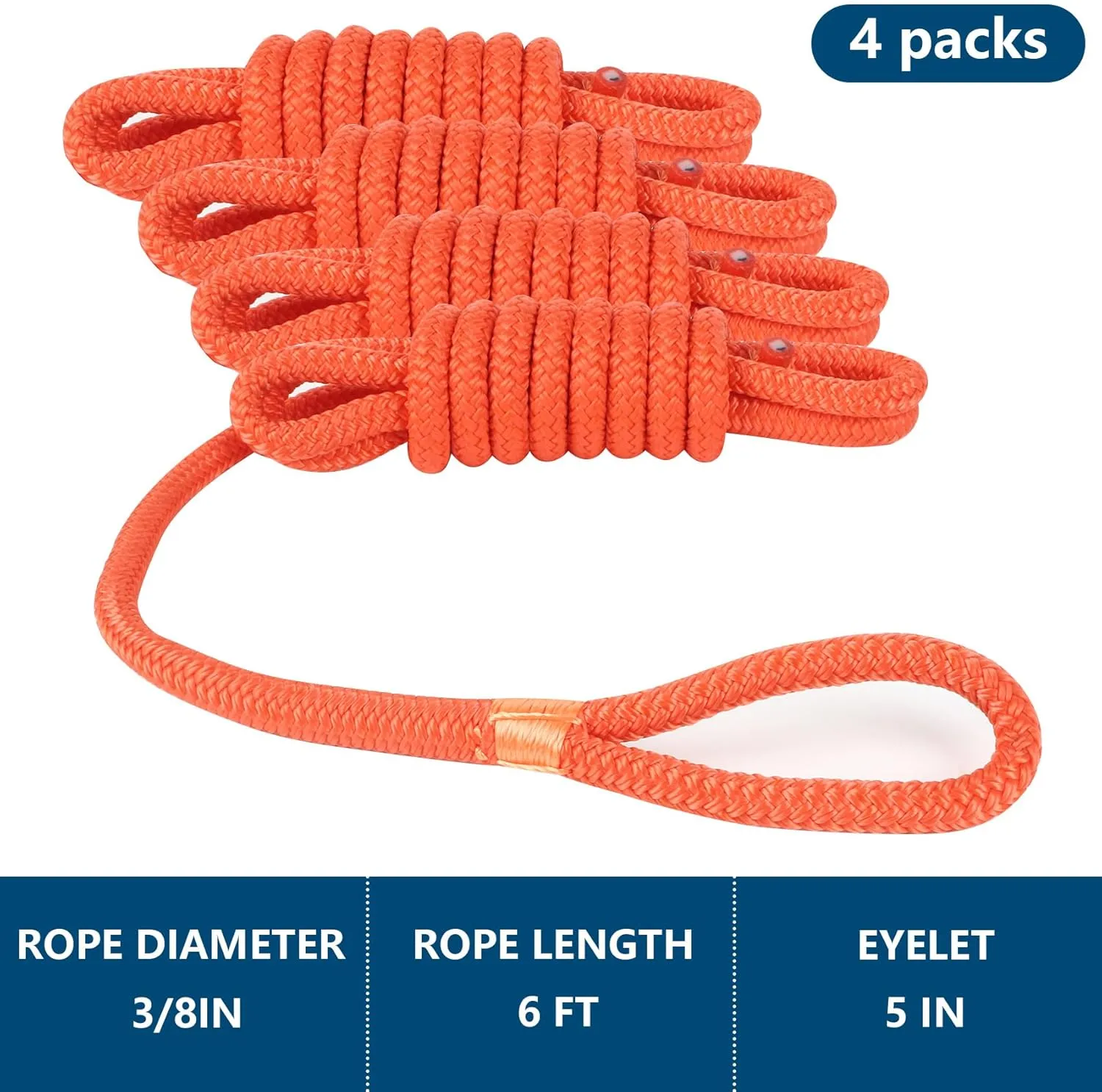 Fender Lines 6' x 3/8" Double Braided Boat Fender Lines 4 Pack, Boat Bumper Rope/Boat Fender Rope 9 Colors Boat Ropes for Docking with 5'' Eyelet Premium Dock Lines for Boats - Orange