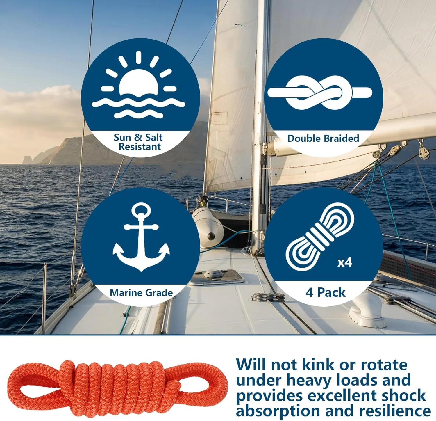 Fender Lines 6' x 3/8" Double Braided Boat Fender Lines 4 Pack, Boat Bumper Rope/Boat Fender Rope 9 Colors Boat Ropes for Docking with 5'' Eyelet Premium Dock Lines for Boats - Orange