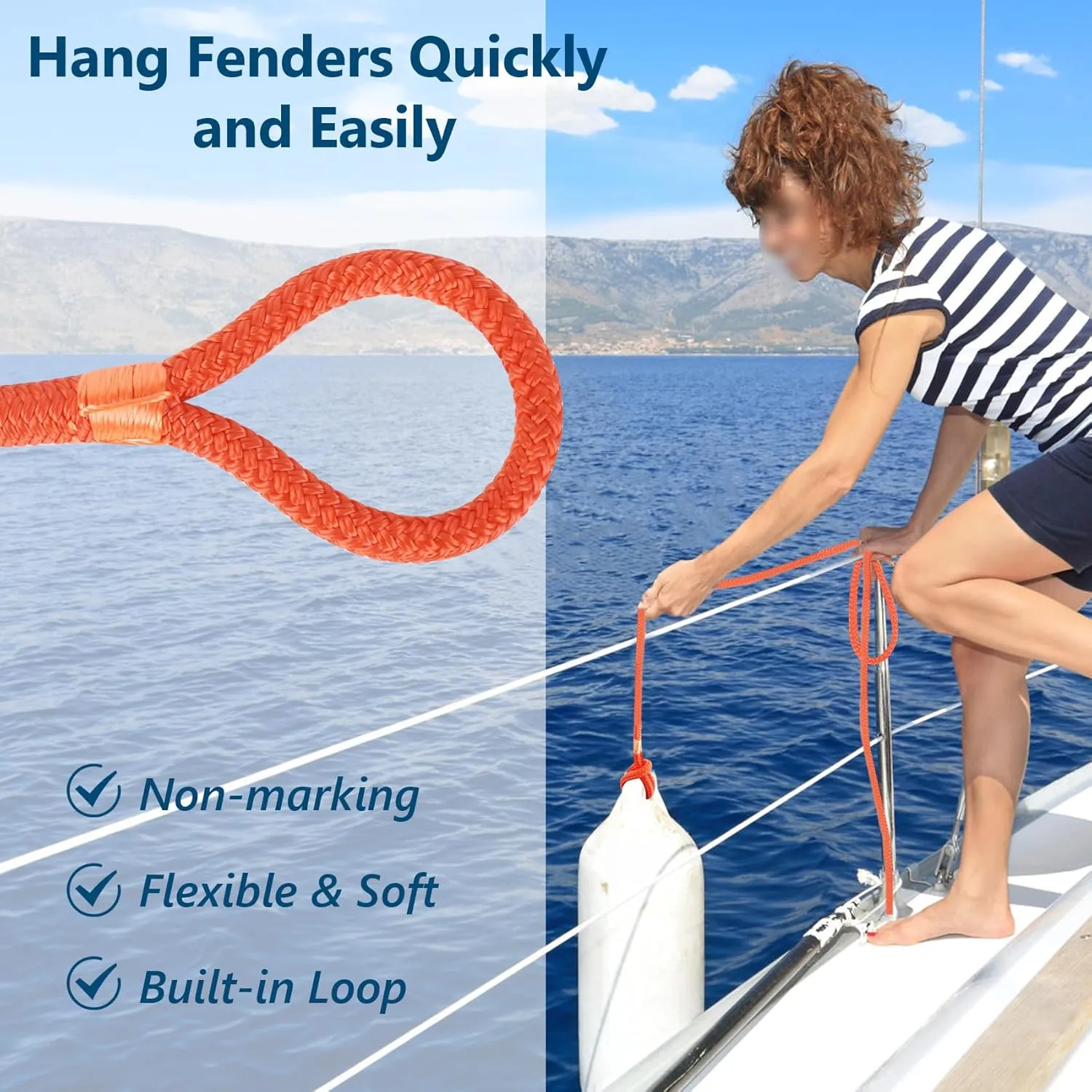 Fender Lines 6' x 3/8" Double Braided Boat Fender Lines 4 Pack, Boat Bumper Rope/Boat Fender Rope 9 Colors Boat Ropes for Docking with 5'' Eyelet Premium Dock Lines for Boats - Orange