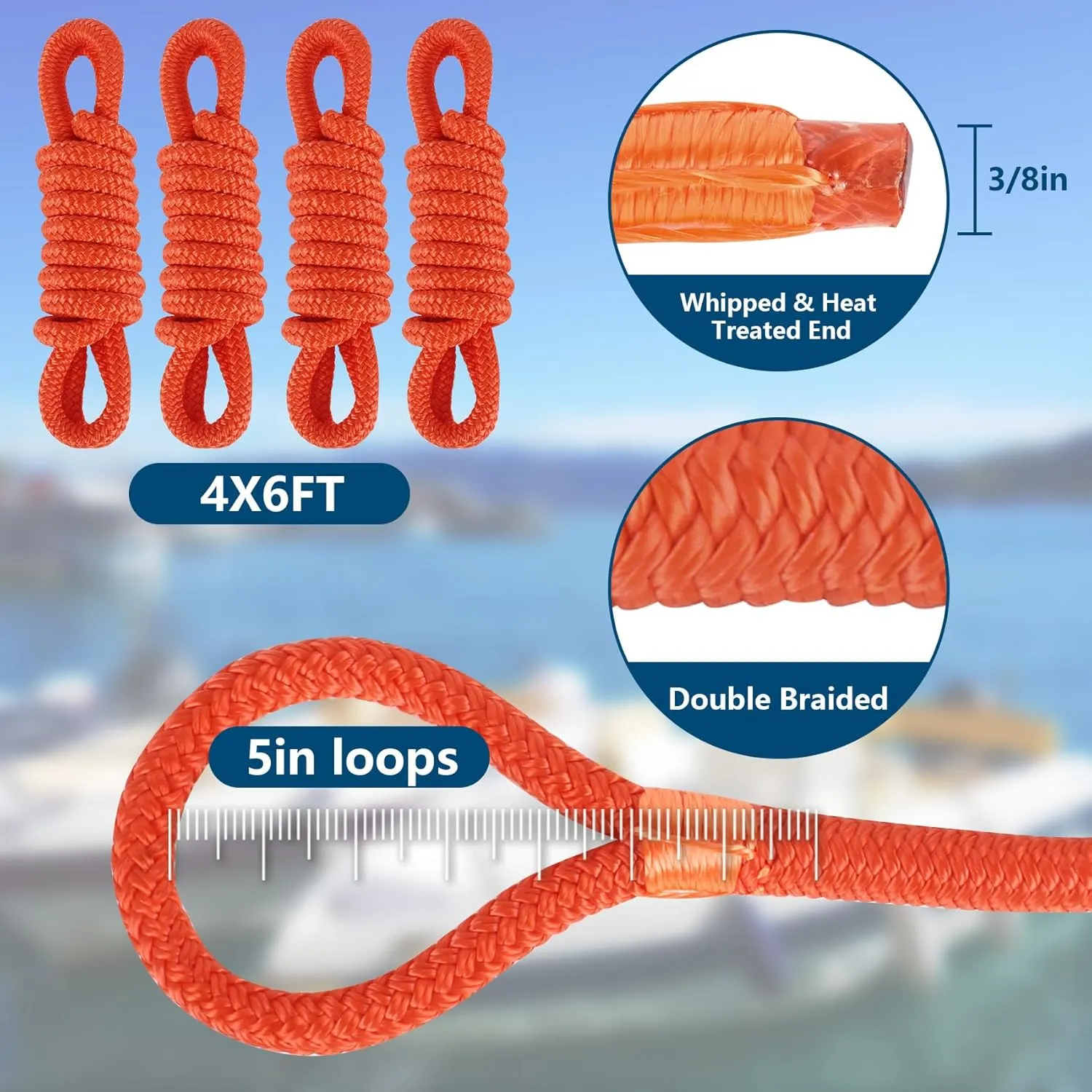 Fender Lines 6' x 3/8" Double Braided Boat Fender Lines 4 Pack, Boat Bumper Rope/Boat Fender Rope 9 Colors Boat Ropes for Docking with 5'' Eyelet Premium Dock Lines for Boats - Orange