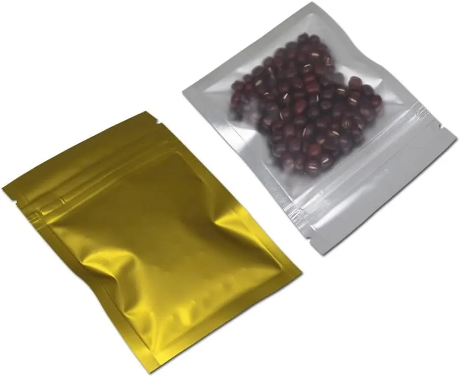 FERENLI 100 Pcs Mylar Zipper Lock Food Storage Bag Matte Aluminum Foil Airtight Bag with Front Window Plastic Packaging Pouch for Zip Flat Heat Seal Lock Resealable (10x15cm (3.9x5.9 inch), Gold)