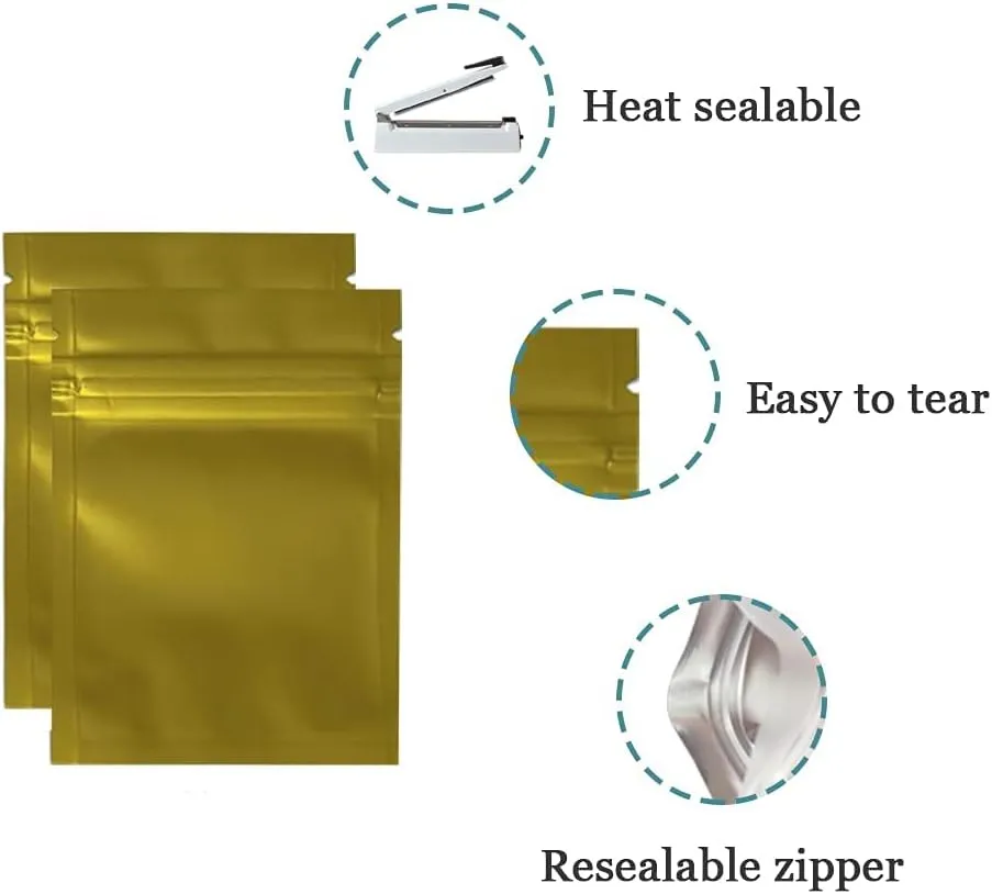 FERENLI 100 Pcs Mylar Zipper Lock Food Storage Bag Matte Aluminum Foil Airtight Bag with Front Window Plastic Packaging Pouch for Zip Flat Heat Seal Lock Resealable (10x15cm (3.9x5.9 inch), Gold)