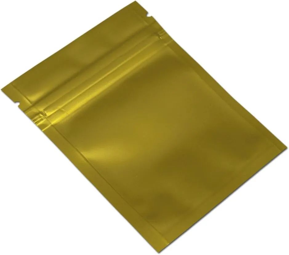 FERENLI 100 Pcs Mylar Zipper Lock Food Storage Bag Matte Aluminum Foil Airtight Bag with Front Window Plastic Packaging Pouch for Zip Flat Heat Seal Lock Resealable (10x15cm (3.9x5.9 inch), Gold)