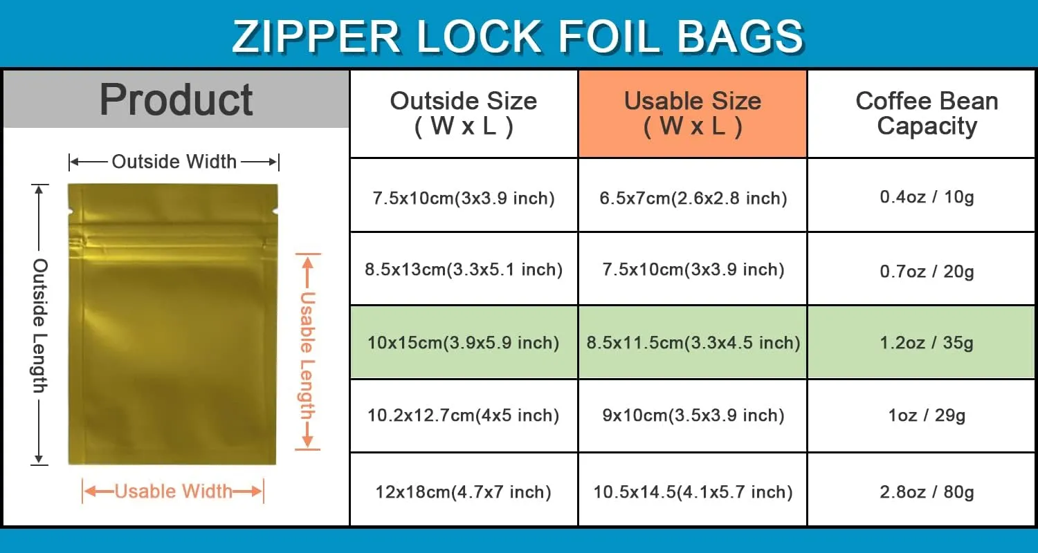 FERENLI 100 Pcs Mylar Zipper Lock Food Storage Bag Matte Aluminum Foil Airtight Bag with Front Window Plastic Packaging Pouch for Zip Flat Heat Seal Lock Resealable (10x15cm (3.9x5.9 inch), Gold)