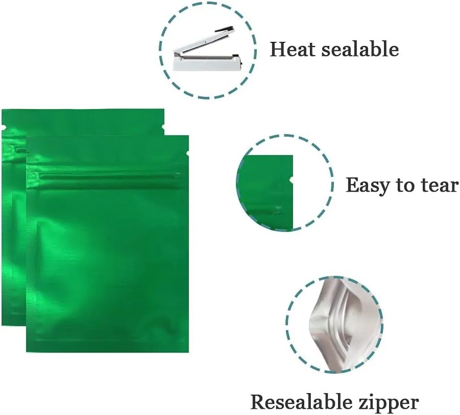 FERENLI 100 Pcs Mylar Zipper Lock Food Storage Bag Matte Aluminum Foil Airtight Bag with Front Window Plastic Packaging Pouch for Zip Flat Heat Seal Lock Resealable (10x15cm (3.9x5.9 inch), Green)