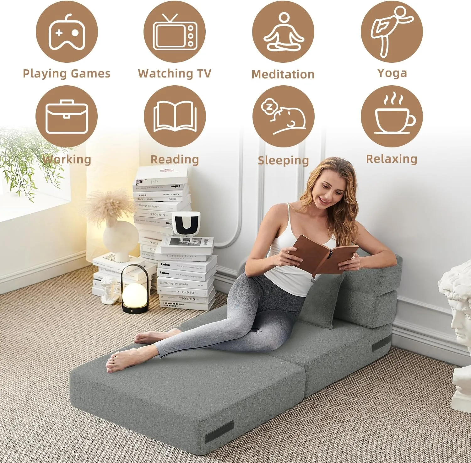 FILUXE Convertible Folding Sofa Bed-Sleeper Chair with Pillow, Modern Linen Fabric Floor & Futon Couch, Foldable Mattress for Living Room/Dorm/Guest Use/Home Office/Apartment, Single Size, Light Gray