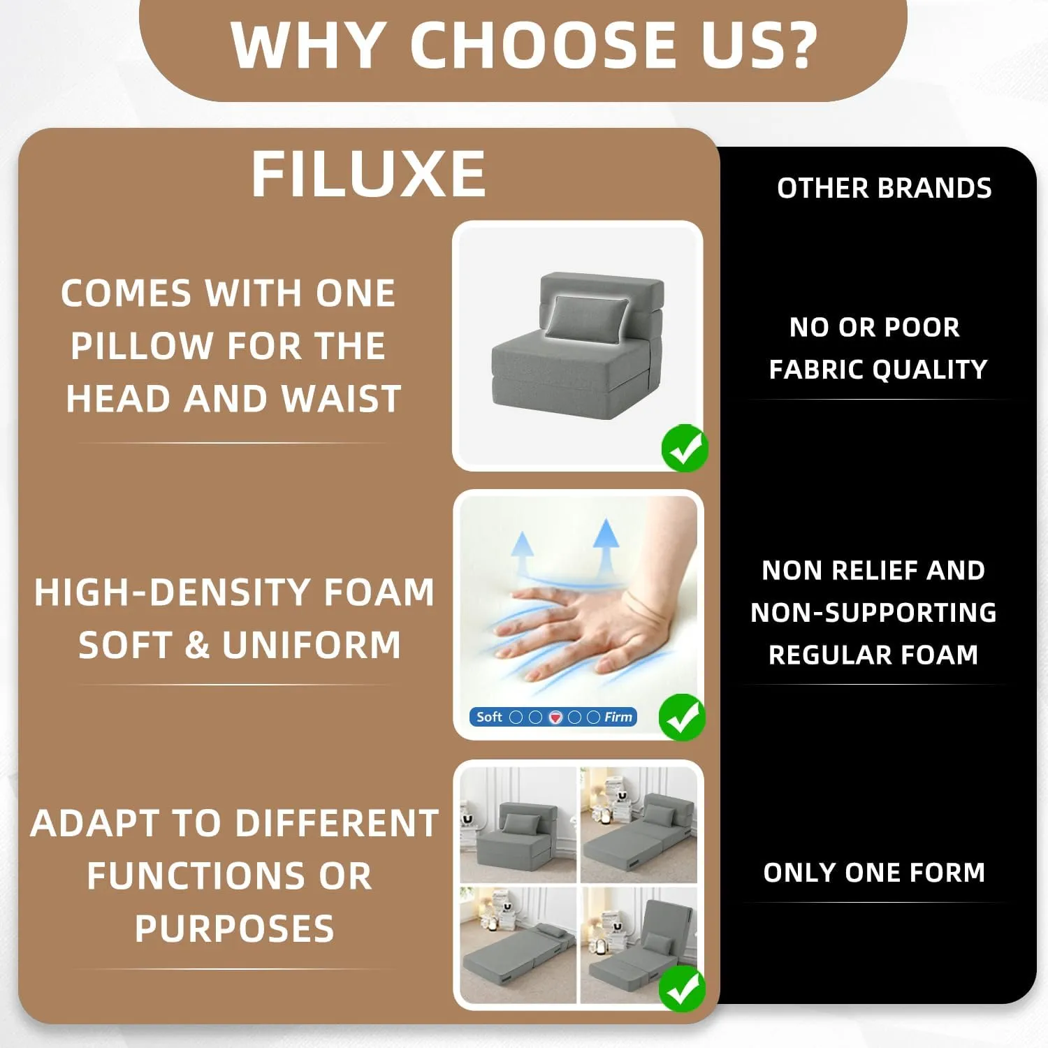 FILUXE Convertible Folding Sofa Bed-Sleeper Chair with Pillow, Modern Linen Fabric Floor & Futon Couch, Foldable Mattress for Living Room/Dorm/Guest Use/Home Office/Apartment, Single Size, Light Gray