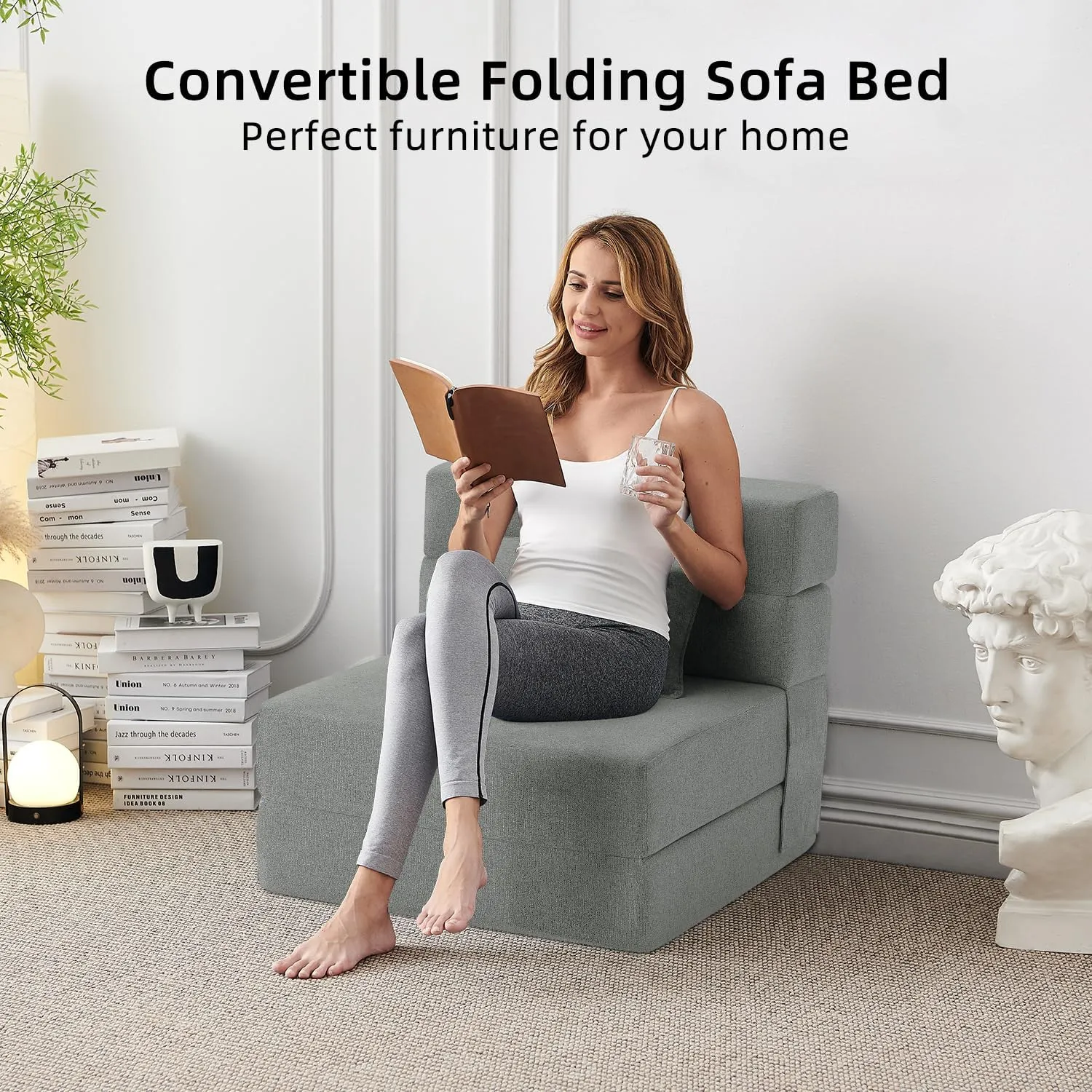 FILUXE Convertible Folding Sofa Bed-Sleeper Chair with Pillow, Modern Linen Fabric Floor & Futon Couch, Foldable Mattress for Living Room/Dorm/Guest Use/Home Office/Apartment, Single Size, Light Gray