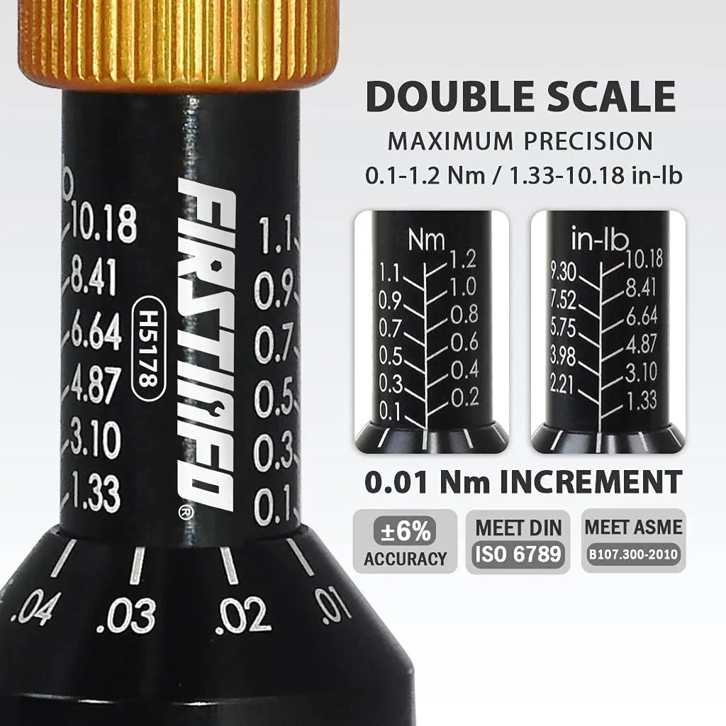 FIRSTINFO H5178 Precision Certified Torque Limiting Screwdriver, 1/4 Inch Hex Quick Release Bit Holder, 0.1-1.2 Nm/1.33-10.18 In-lb with Double Scale