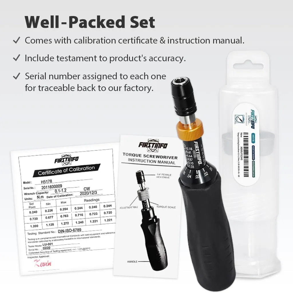 FIRSTINFO H5178 Precision Certified Torque Limiting Screwdriver, 1/4 Inch Hex Quick Release Bit Holder, 0.1-1.2 Nm/1.33-10.18 In-lb with Double Scale
