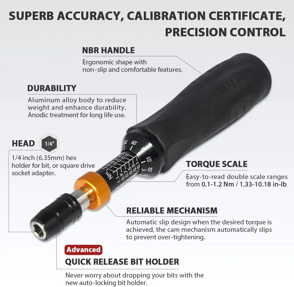 FIRSTINFO H5178 Precision Certified Torque Limiting Screwdriver, 1/4 Inch Hex Quick Release Bit Holder, 0.1-1.2 Nm/1.33-10.18 In-lb with Double Scale
