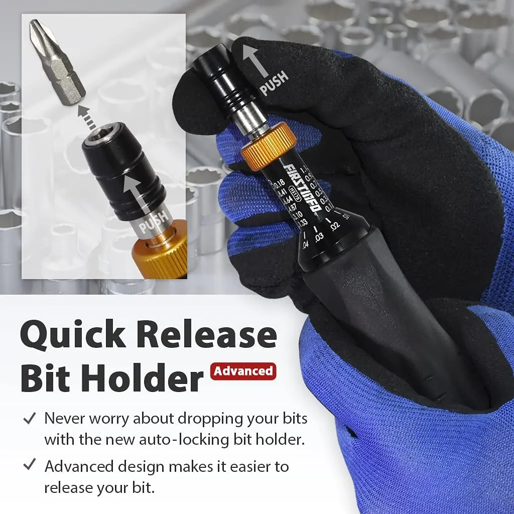 FIRSTINFO H5178 Precision Certified Torque Limiting Screwdriver, 1/4 Inch Hex Quick Release Bit Holder, 0.1-1.2 Nm/1.33-10.18 In-lb with Double Scale