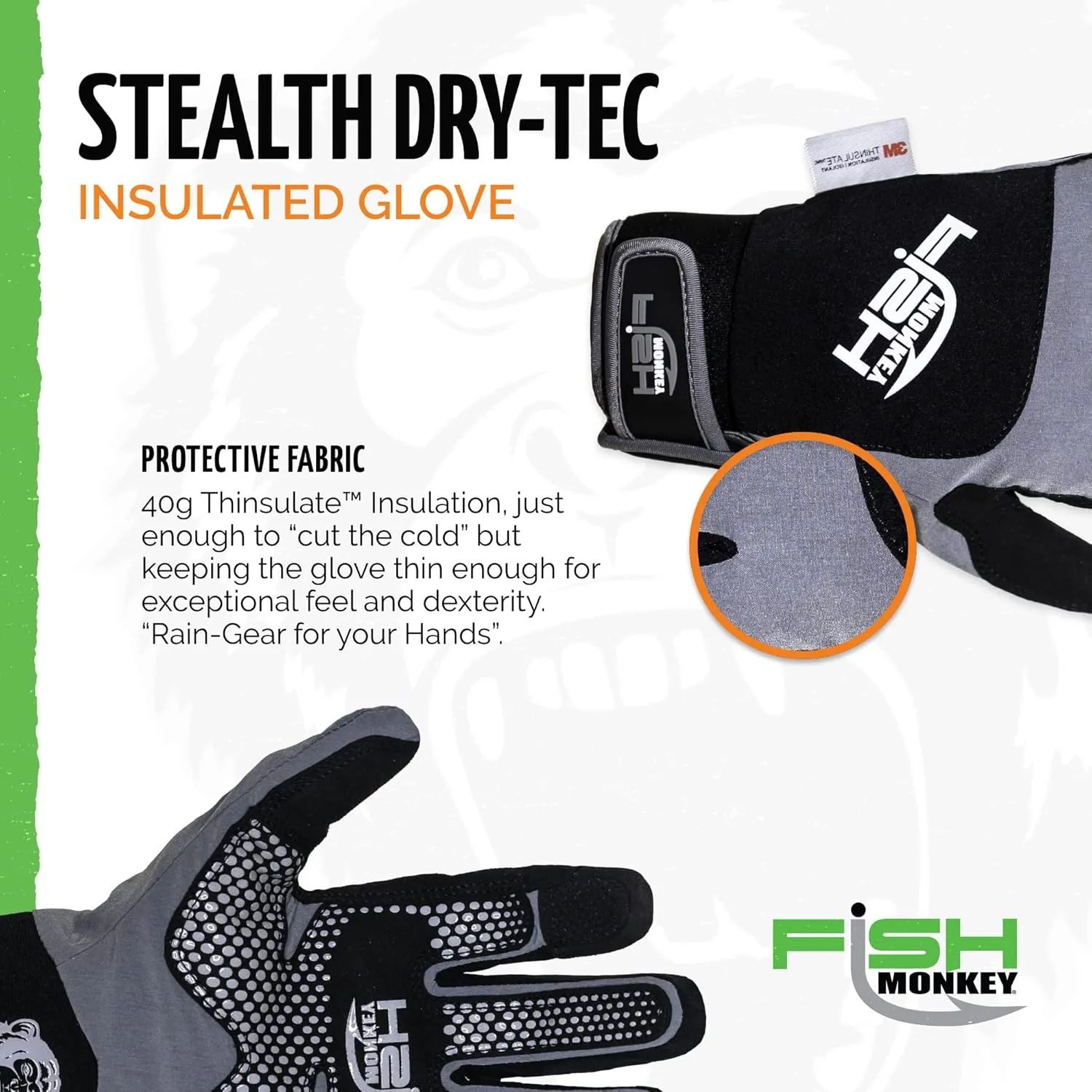 Fish Monkey Dry-Tec Waterproof Insulated Fishing Gloves, 40g Thinsulate Insulation with Non-Slip Palm and Screen Touch Index Fingers for Women and Men