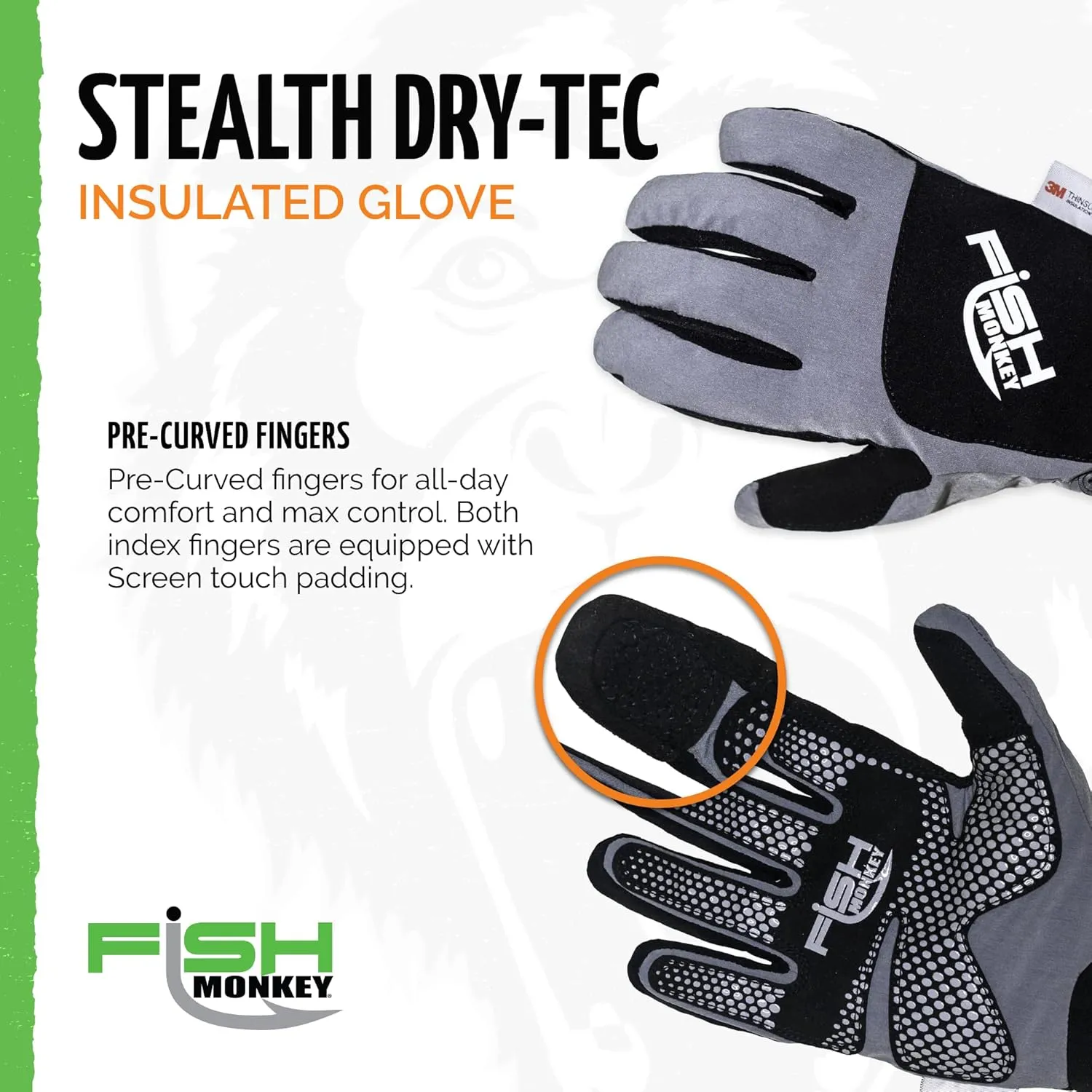 Fish Monkey Dry-Tec Waterproof Insulated Fishing Gloves, 40g Thinsulate Insulation with Non-Slip Palm and Screen Touch Index Fingers for Women and Men