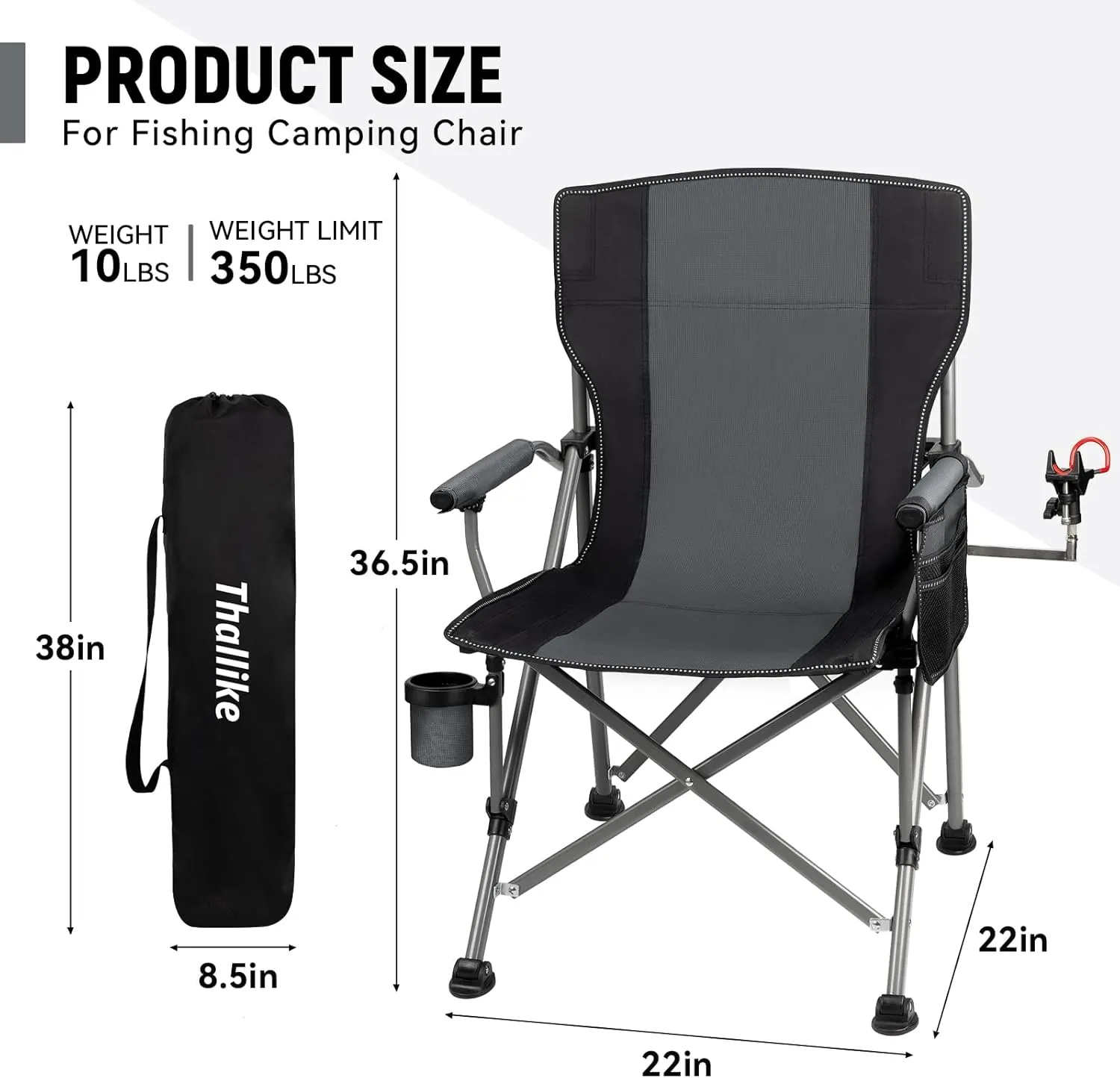 Fishing Chair with Upgraded 360° Adjustable Rod Holder, Folding Ice Fishing Chairs for Adults, Portable Camping Chair with Side Pocket Cup Holder for Outdoor Sports Garden Beach Lawn Picnic
