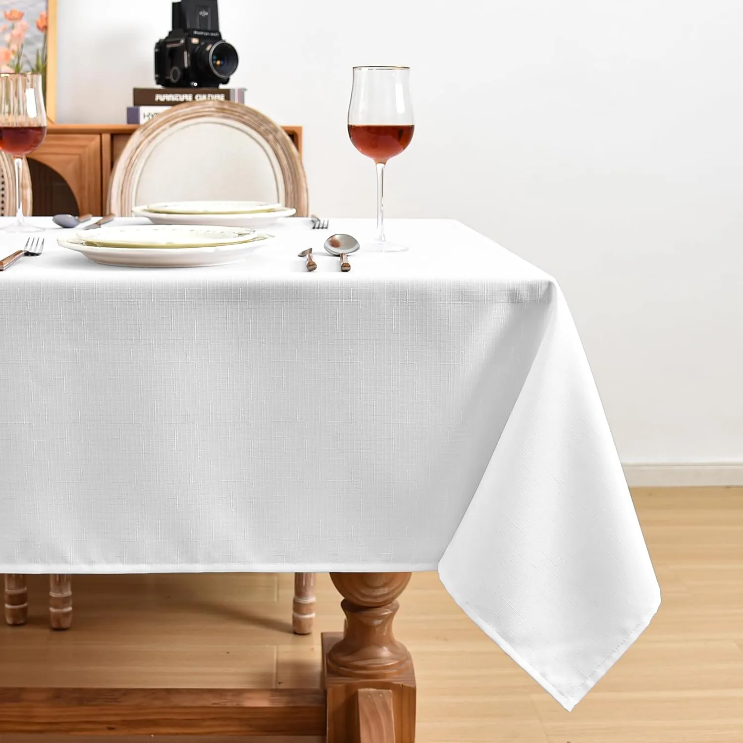 Fitable Faux Linen White Tablecloths for Rectangle Tables - 60 x 84 Inch - 6 Pack Fabric Textured Folding Table Clothes Faux Burlap 4 Ft Table Covers for Wedding, Party, Banquet, Birthday
