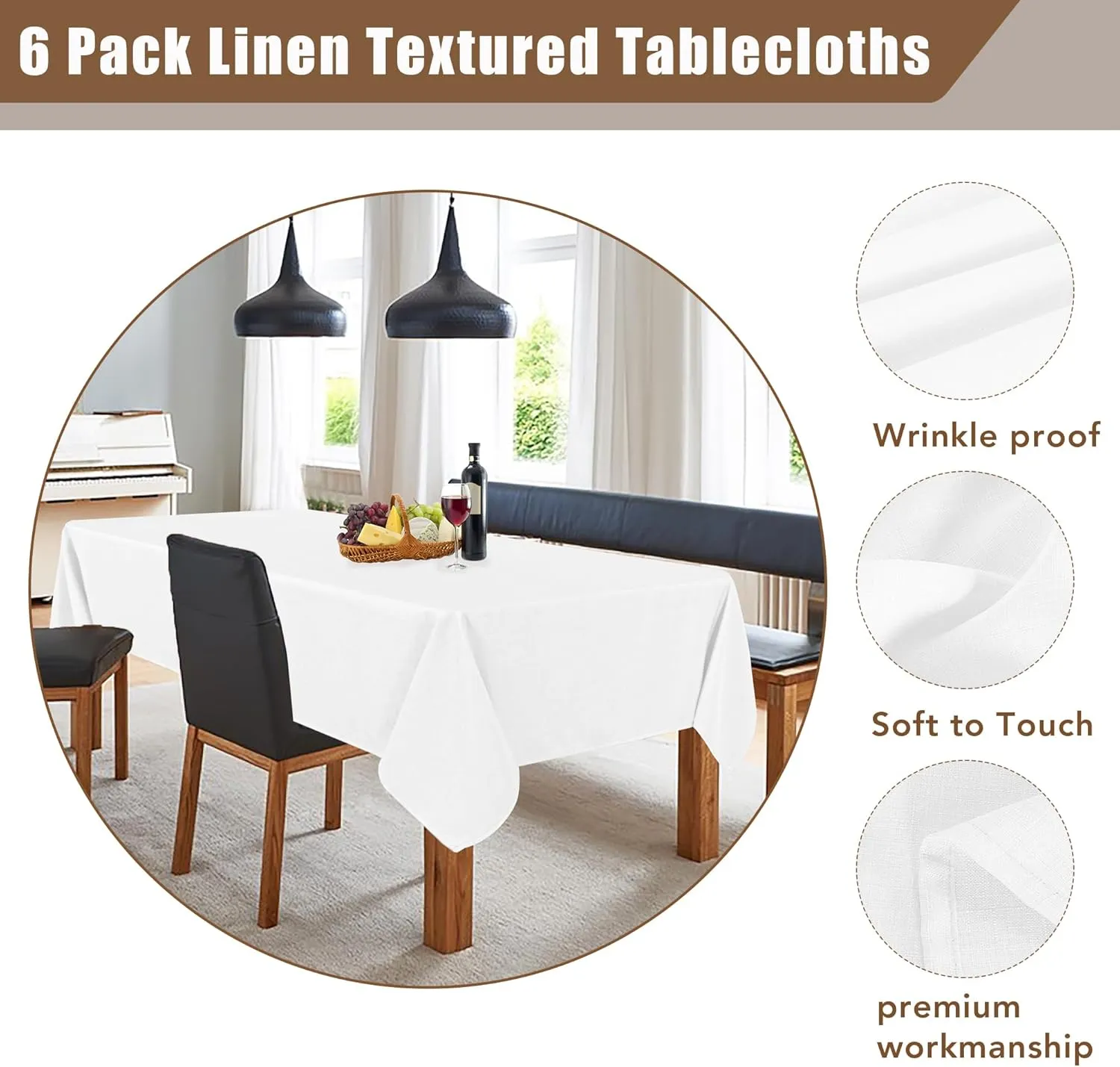 Fitable Faux Linen White Tablecloths for Rectangle Tables - 60 x 84 Inch - 6 Pack Fabric Textured Folding Table Clothes Faux Burlap 4 Ft Table Covers for Wedding, Party, Banquet, Birthday