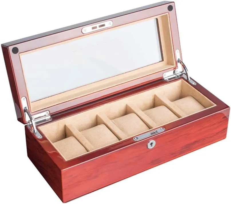 Five-Position Wooden Mechanical Watch Jewelry Storage Box Made of Pure Solid Wood Glass sunroof with Lock Removable Table Pillow (Leather Yellow Interior/Dark Brown Interior)