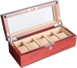 Five-Position Wooden Mechanical Watch Jewelry Storage Box Made of Pure Solid Wood Glass sunroof with Lock Removable Table Pillow (Leather Yellow Interior/Dark Brown Interior)