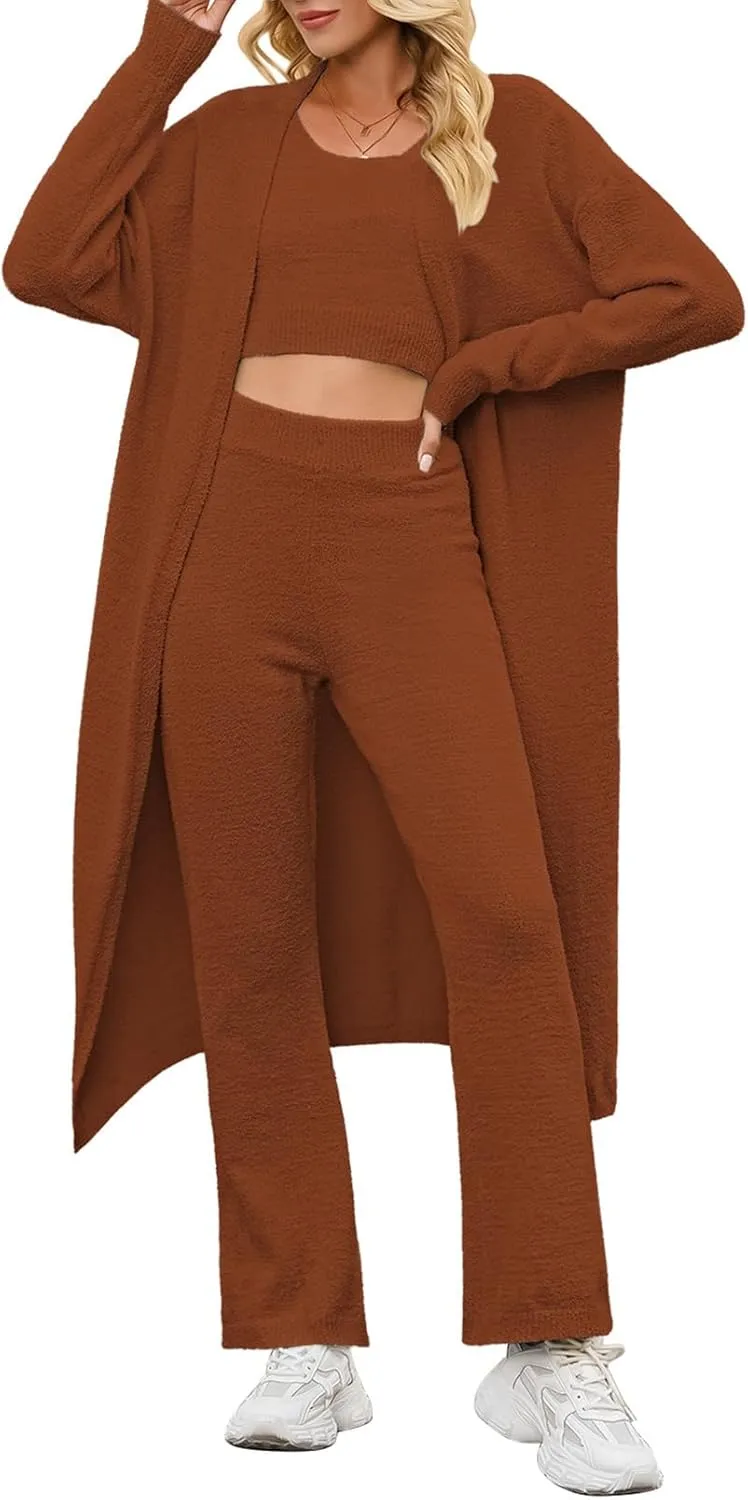 Fixmatti Women's Fuzzy 3 Piece Sweatsuit Open Front Cardigan Crop Tank Tops Wide Legs Pants Lounge Sets