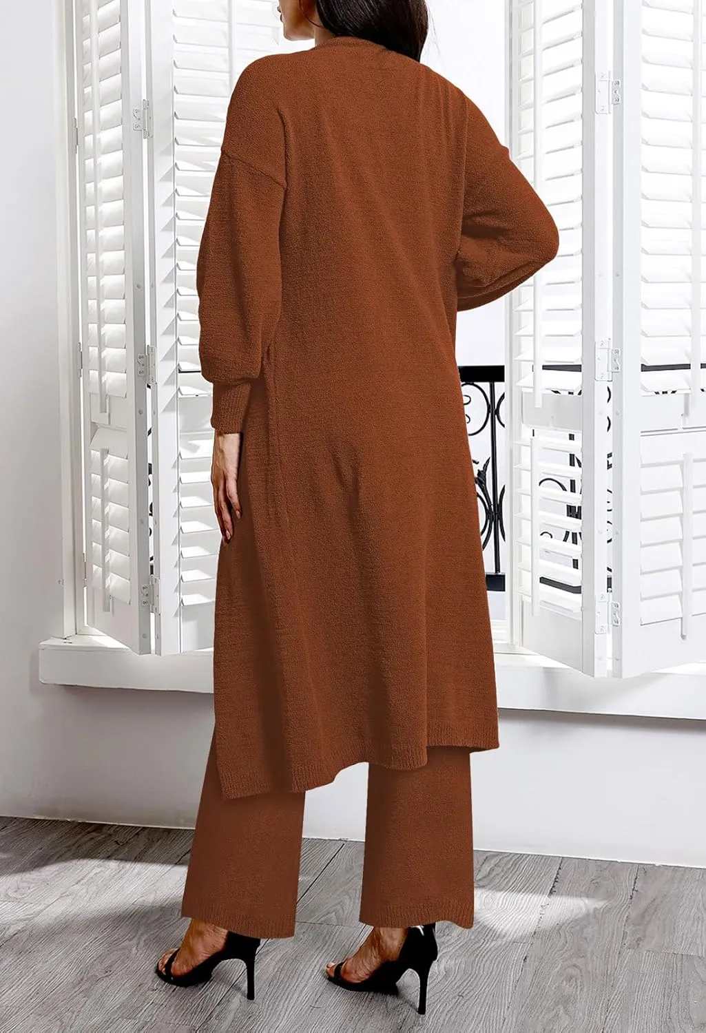 Fixmatti Women's Fuzzy 3 Piece Sweatsuit Open Front Cardigan Crop Tank Tops Wide Legs Pants Lounge Sets