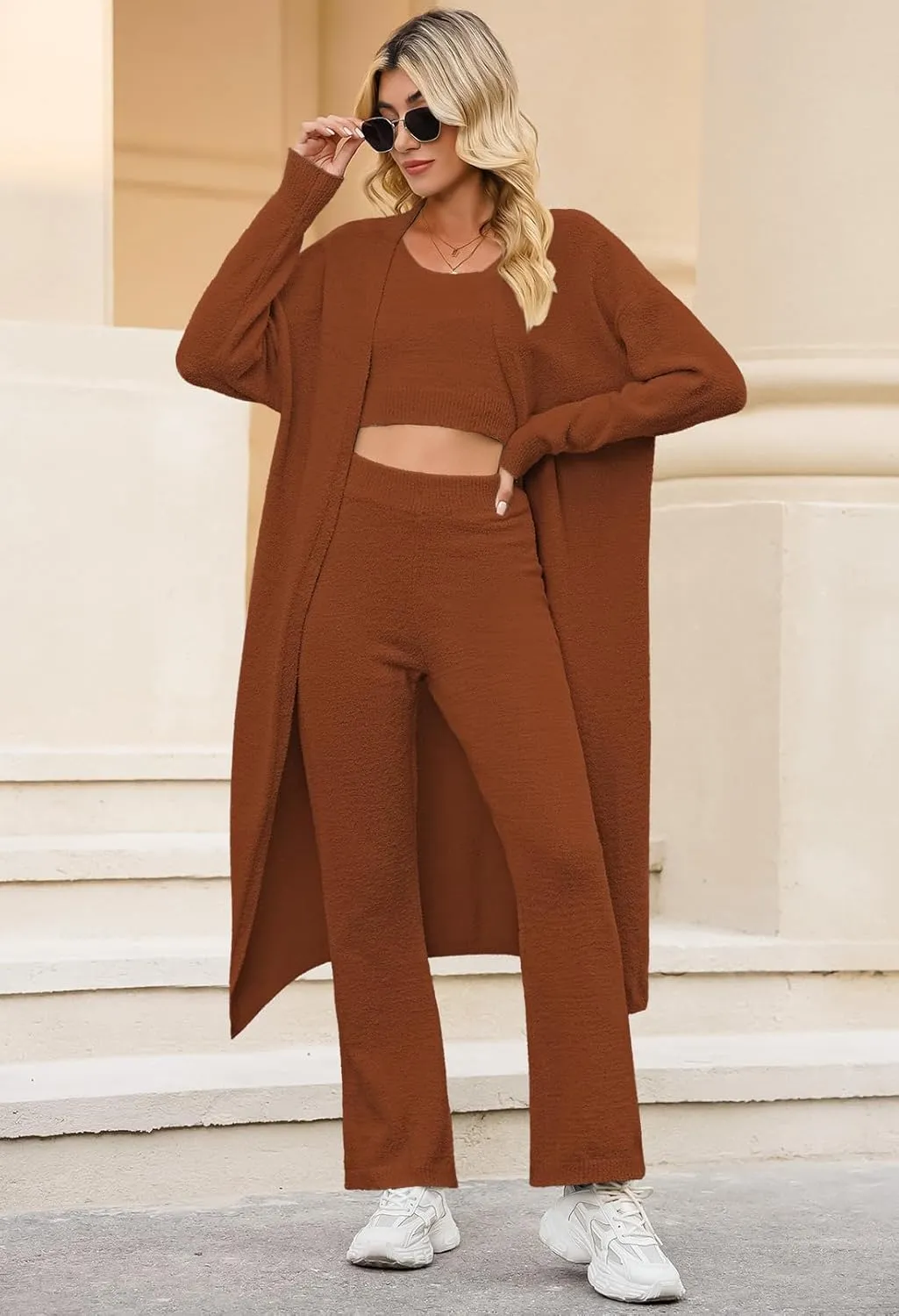 Fixmatti Women's Fuzzy 3 Piece Sweatsuit Open Front Cardigan Crop Tank Tops Wide Legs Pants Lounge Sets