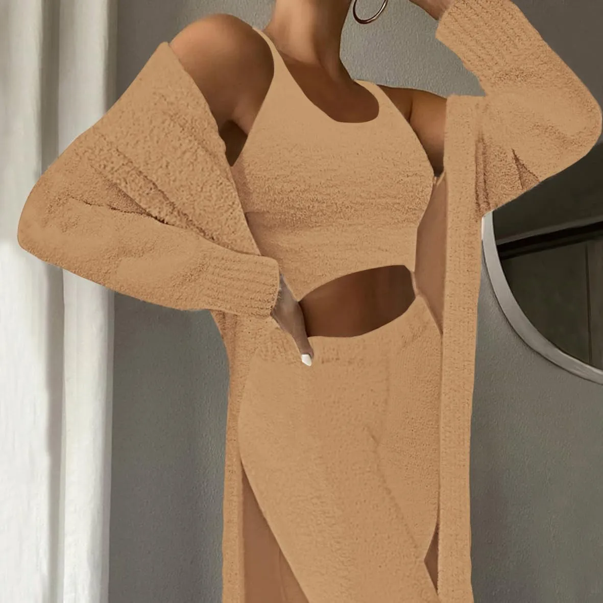 Fixmatti Women's Fuzzy 3 Piece Sweatsuit Open Front Cardigan Crop Tank Tops Wide Legs Pants Lounge Sets
