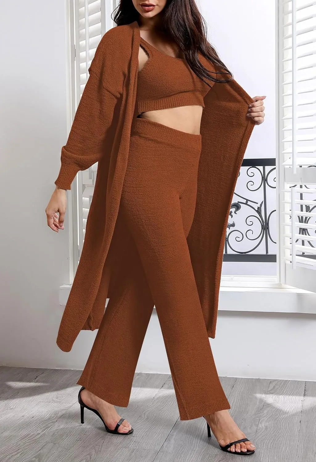 Fixmatti Women's Fuzzy 3 Piece Sweatsuit Open Front Cardigan Crop Tank Tops Wide Legs Pants Lounge Sets