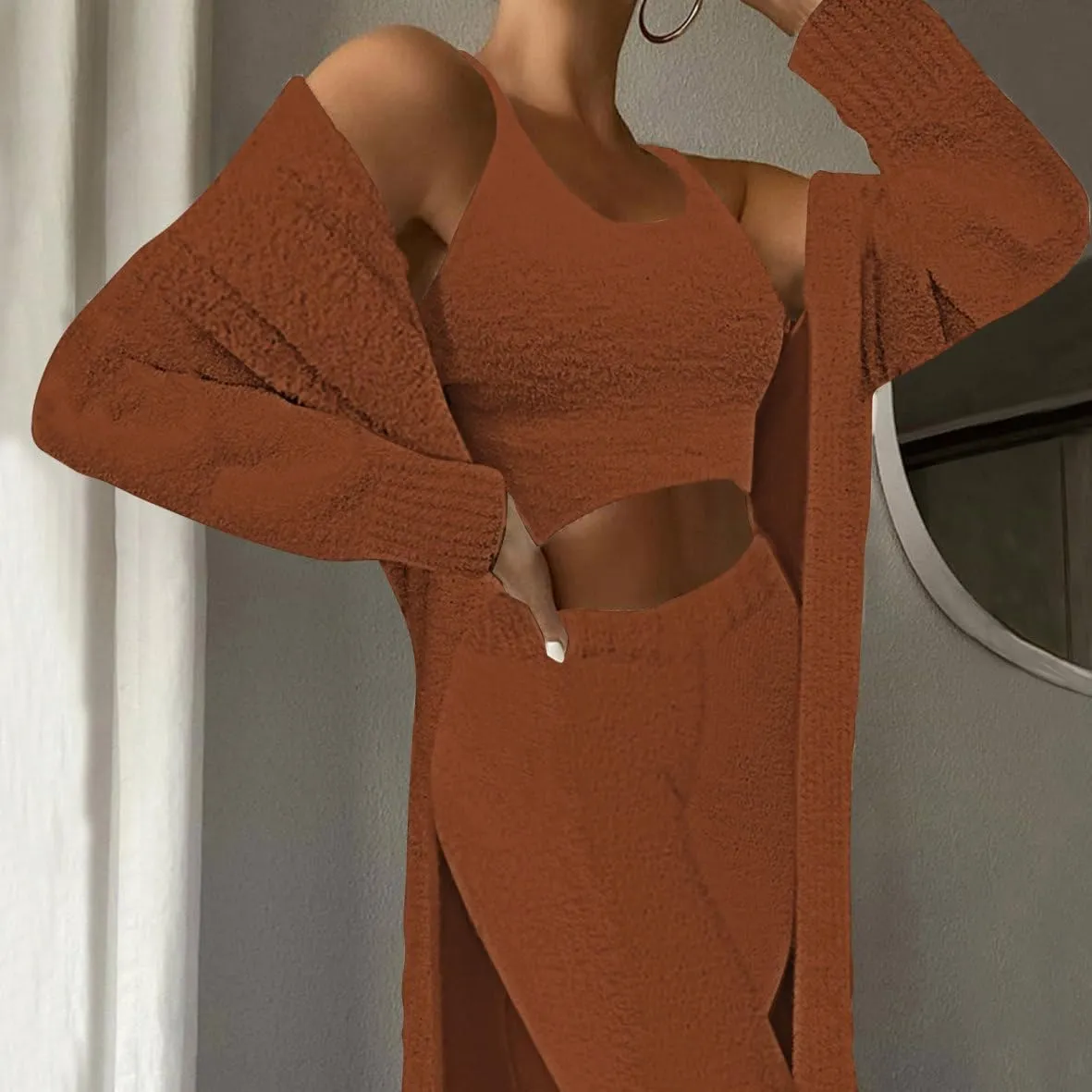 Fixmatti Women's Fuzzy 3 Piece Sweatsuit Open Front Cardigan Crop Tank Tops Wide Legs Pants Lounge Sets