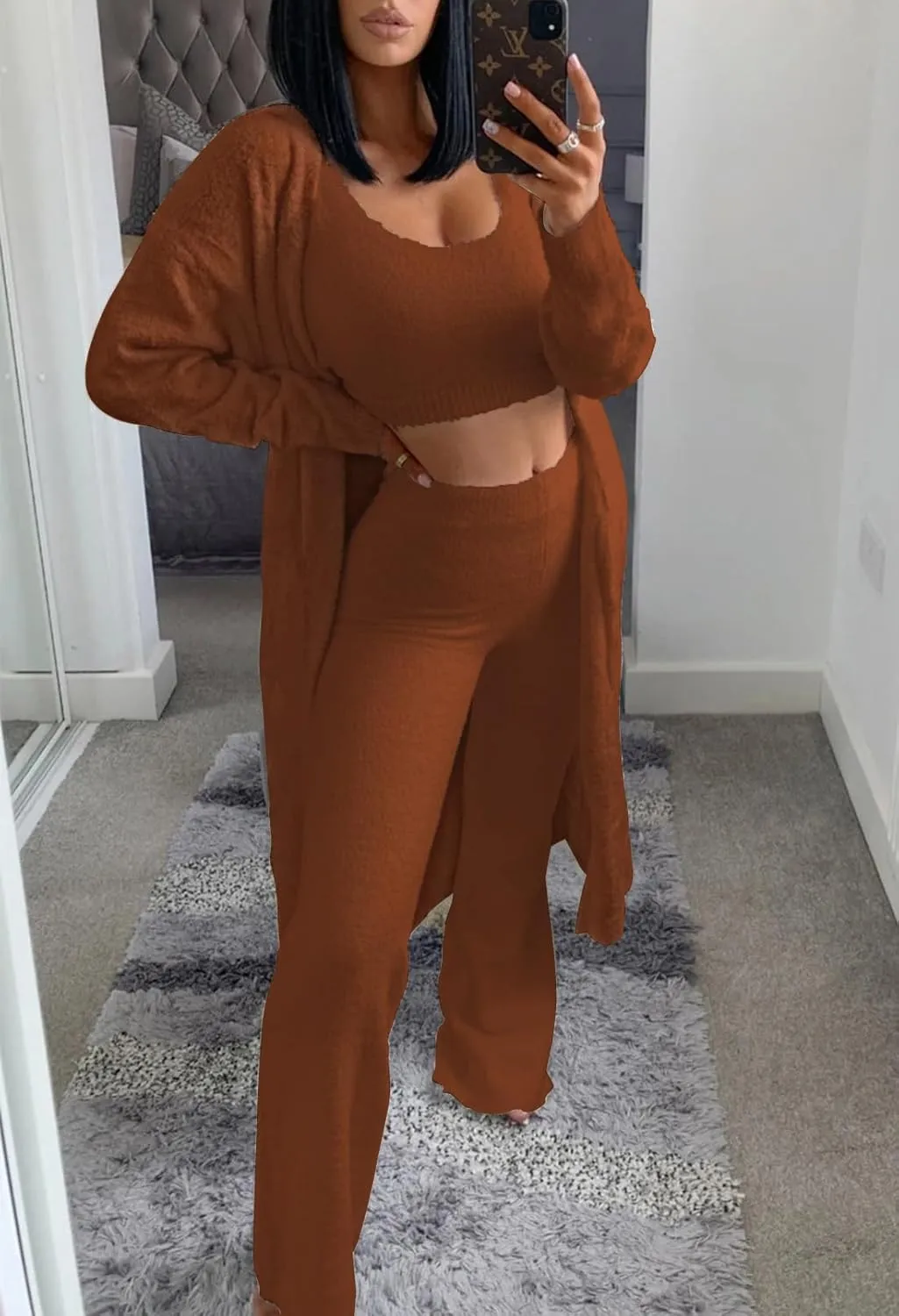 Fixmatti Women's Fuzzy 3 Piece Sweatsuit Open Front Cardigan Crop Tank Tops Wide Legs Pants Lounge Sets