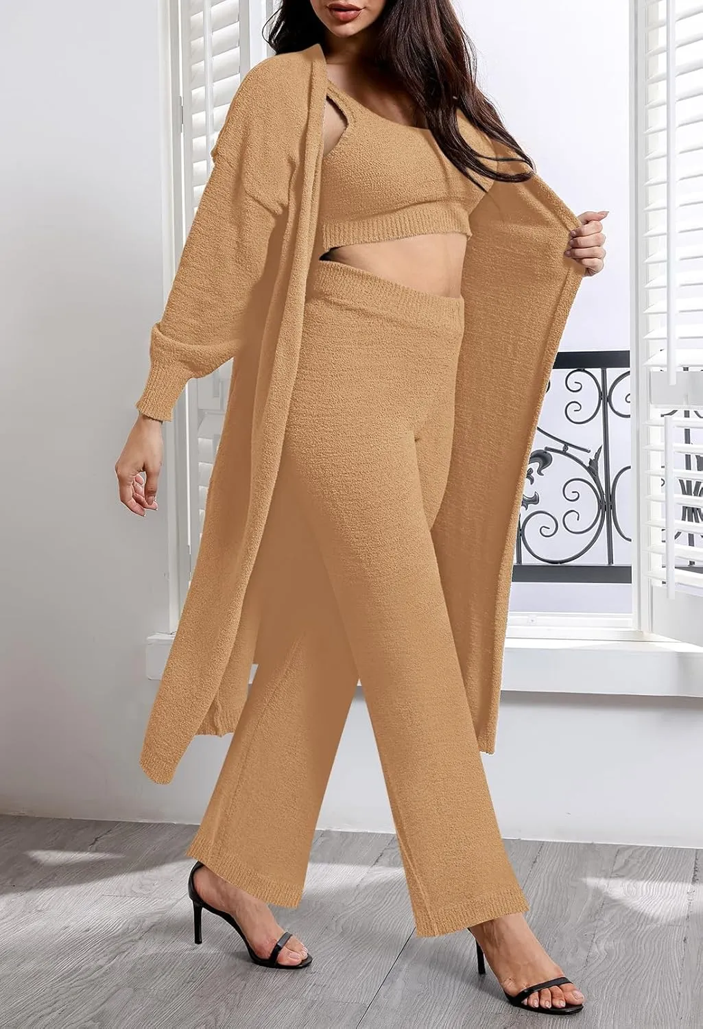 Fixmatti Women's Fuzzy 3 Piece Sweatsuit Open Front Cardigan Crop Tank Tops Wide Legs Pants Lounge Sets