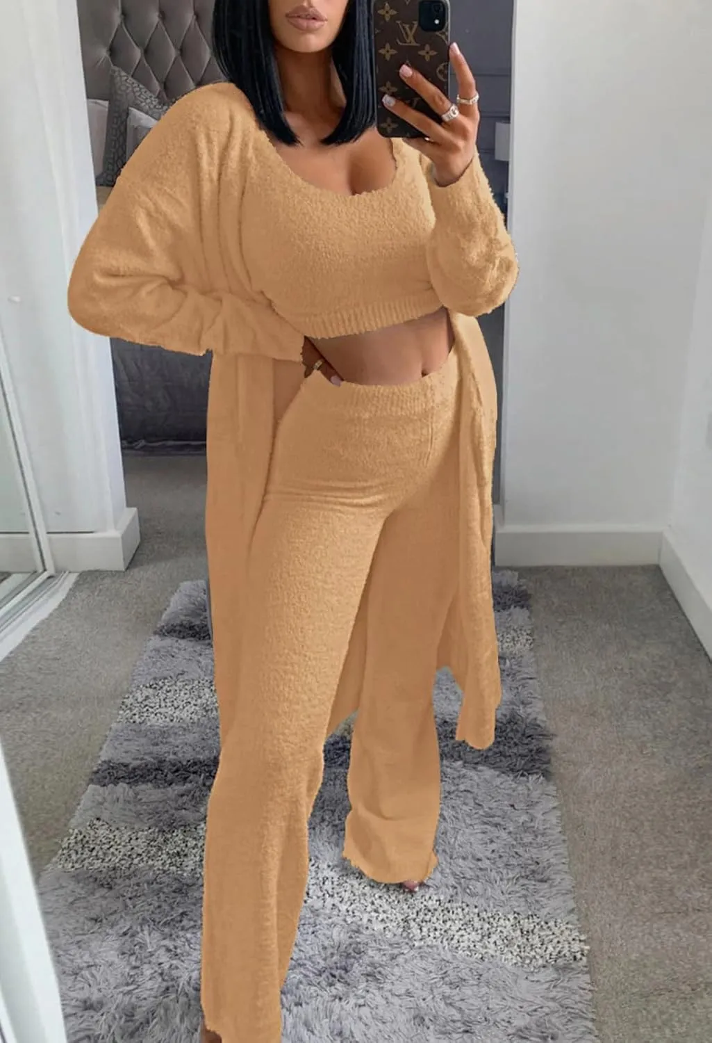 Fixmatti Women's Fuzzy 3 Piece Sweatsuit Open Front Cardigan Crop Tank Tops Wide Legs Pants Lounge Sets