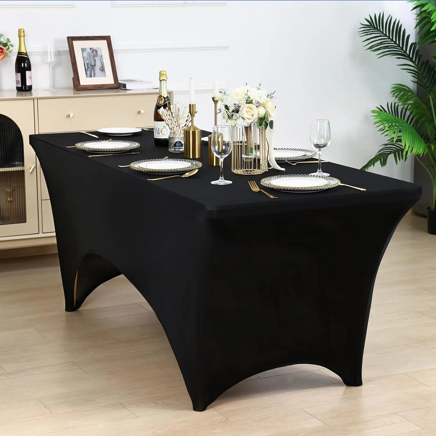 Fixwal 3 Pack Black Table Cloths Rectangle 8FT, Tablecloths Rectangular Stretch Spandex Fitted Table Covers 8 ft for Parties, Trade Shows, Banquet, Weddings, Buffet, Graduation Decorations
