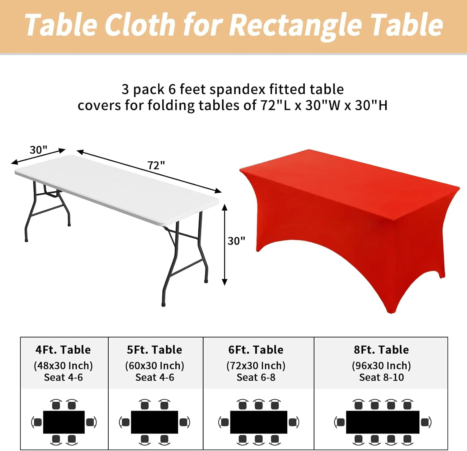 Fixwal 3 Pack Red Table Cloths Rectangle 6FT, Tablecloths Rectangular Stretch Spandex Fitted Table Covers 6 ft for Festival Parties, Christmas Decorations, Trade Shows, Banquet, Weddings, Event