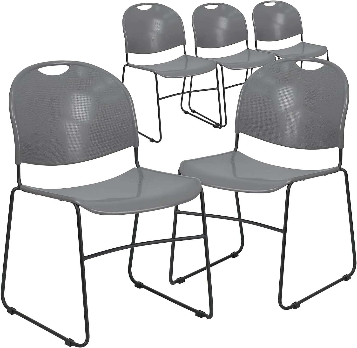 Flash Furniture 5 Pack HERCULES Series 880 lb. Capacity Gray Ultra-Compact Stack Chair with Black Powder Coated Frame