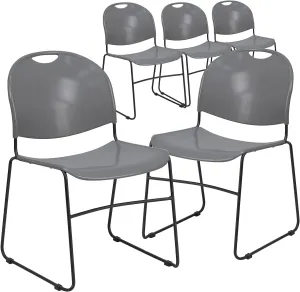 Flash Furniture 5 Pack HERCULES Series 880 lb. Capacity Gray Ultra-Compact Stack Chair with Black Powder Coated Frame