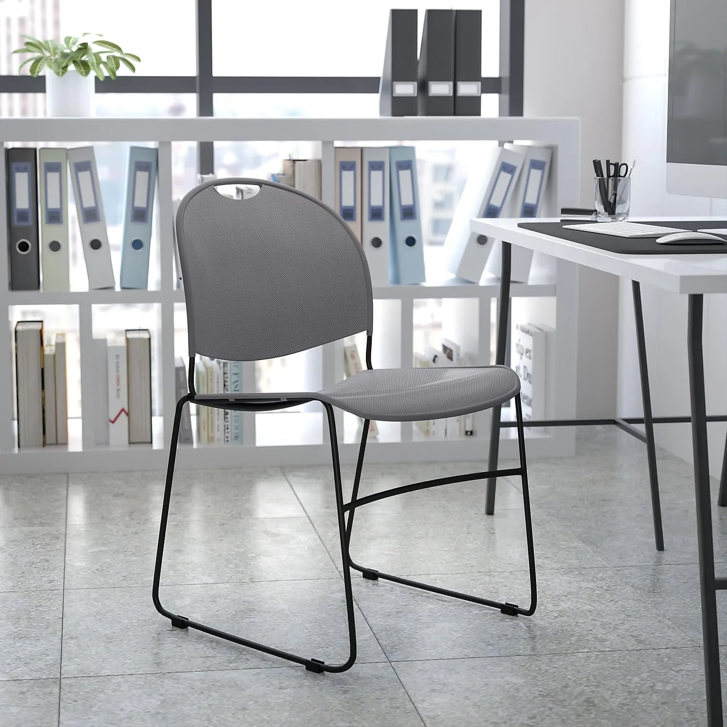 Flash Furniture 5 Pack HERCULES Series 880 lb. Capacity Gray Ultra-Compact Stack Chair with Black Powder Coated Frame