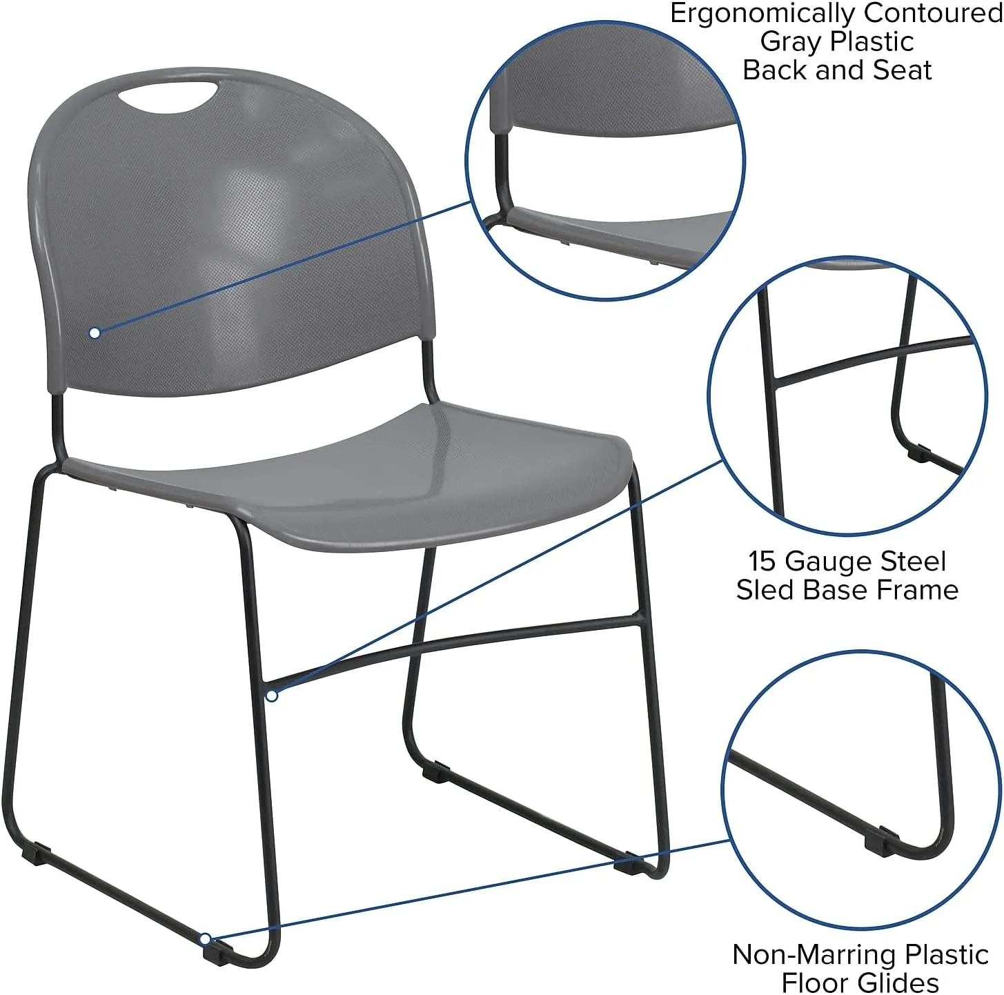 Flash Furniture 5 Pack HERCULES Series 880 lb. Capacity Gray Ultra-Compact Stack Chair with Black Powder Coated Frame