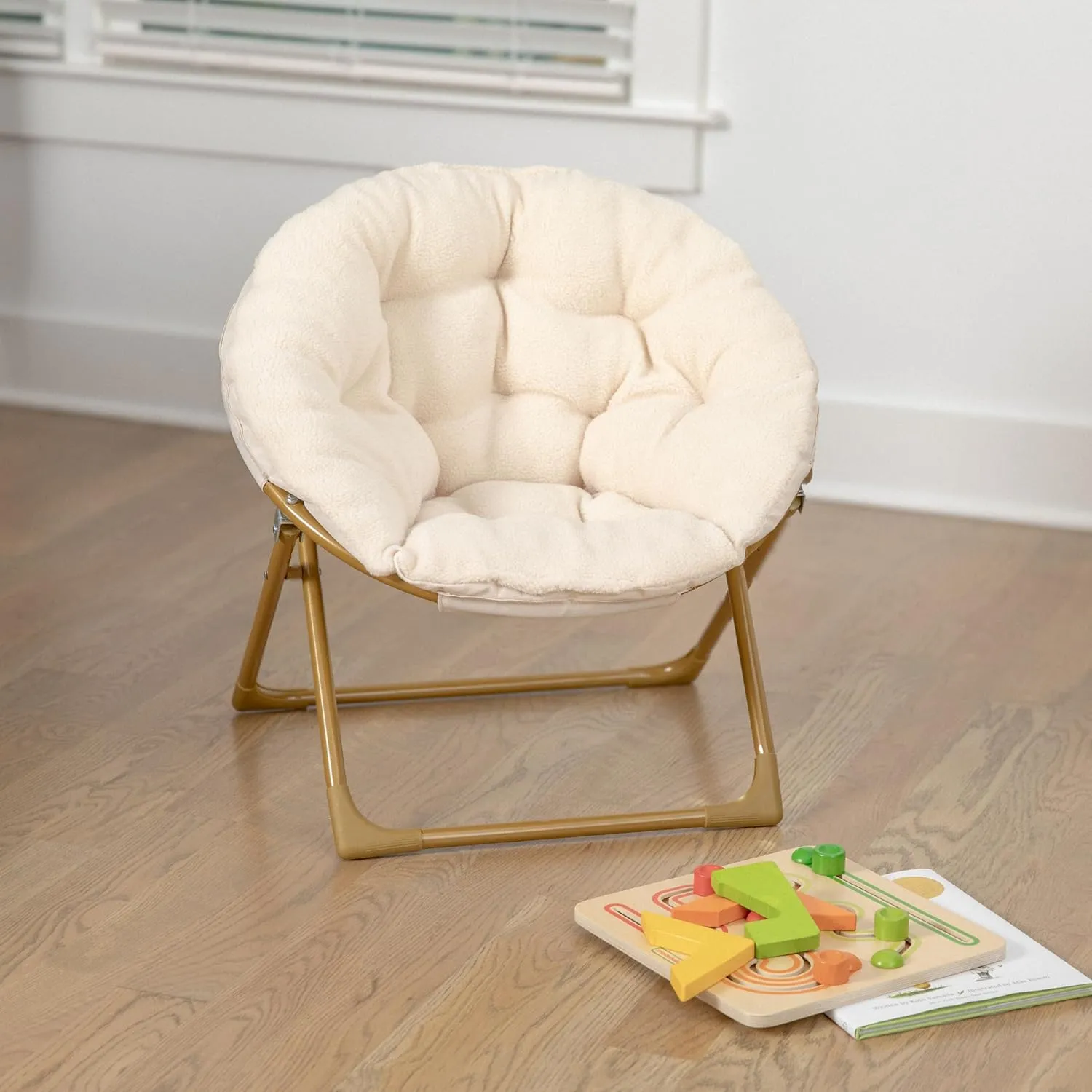 Flash Furniture Gwen Kids Cozy Mini Folding Saucer Chair - Ivory Faux Fur Moon Chair - Soft Gold Metal Frame - 23" Portable Folding Chair For Living Room or Bedroom