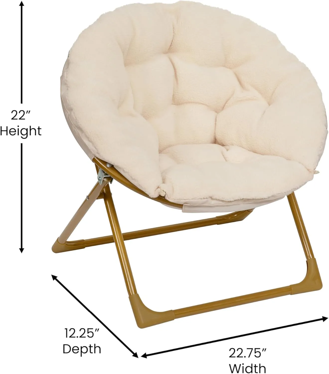 Flash Furniture Gwen Kids Cozy Mini Folding Saucer Chair - Ivory Faux Fur Moon Chair - Soft Gold Metal Frame - 23" Portable Folding Chair For Living Room or Bedroom