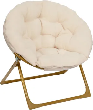 Flash Furniture Gwen Kids Cozy Mini Folding Saucer Chair - Ivory Faux Fur Moon Chair - Soft Gold Metal Frame - 23" Portable Folding Chair For Living Room or Bedroom