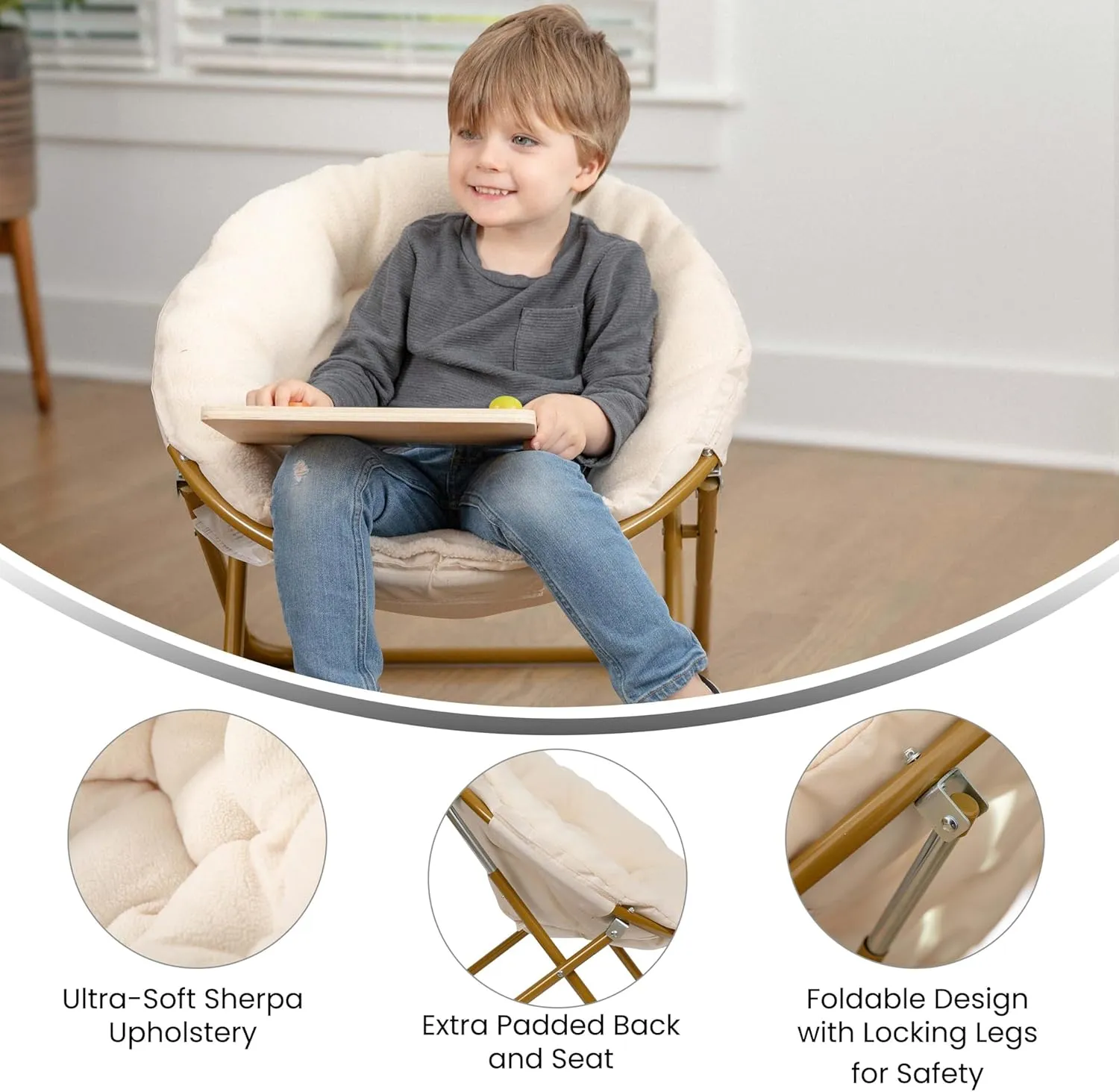 Flash Furniture Gwen Kids Cozy Mini Folding Saucer Chair - Ivory Faux Fur Moon Chair - Soft Gold Metal Frame - 23" Portable Folding Chair For Living Room or Bedroom
