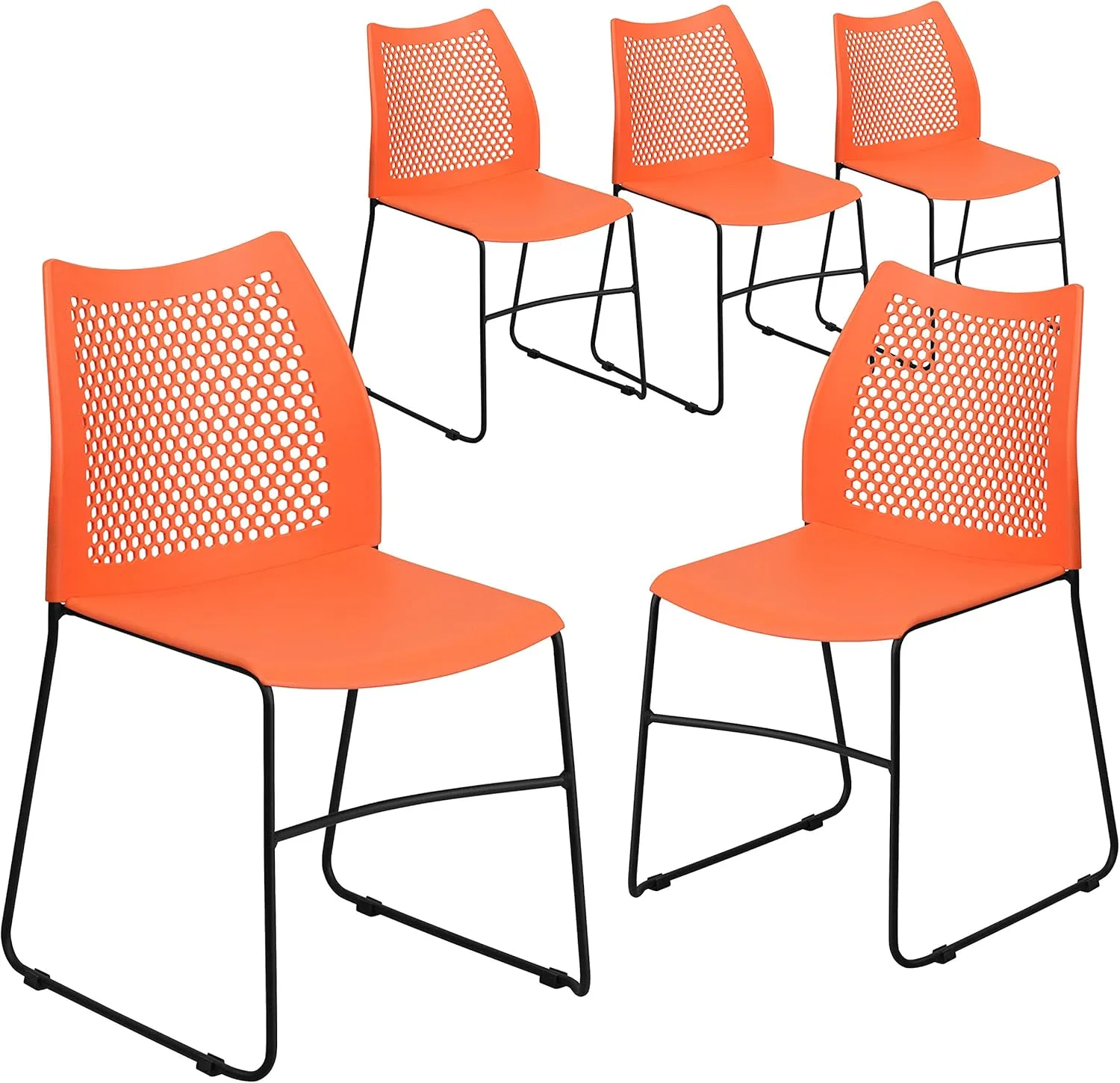 Flash Furniture Hercules Series Contoured Lobby Chairs with Air-Vent Honeycomb Backs, Ergonomic Stacking Chairs for Offices, Set of 5, Orange